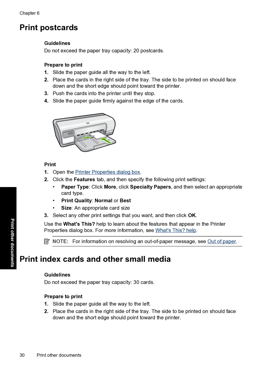 HP D2500 manual Print postcards, Print index cards and other small media 