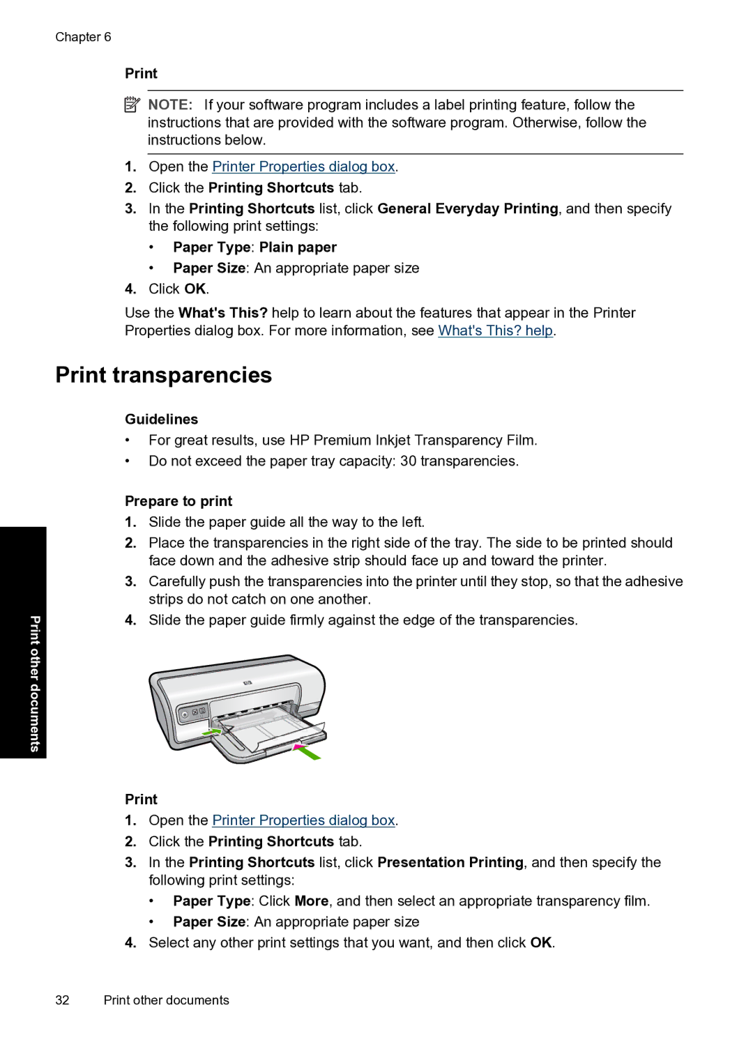 HP D2500 manual Print transparencies, Click the Printing Shortcuts tab 