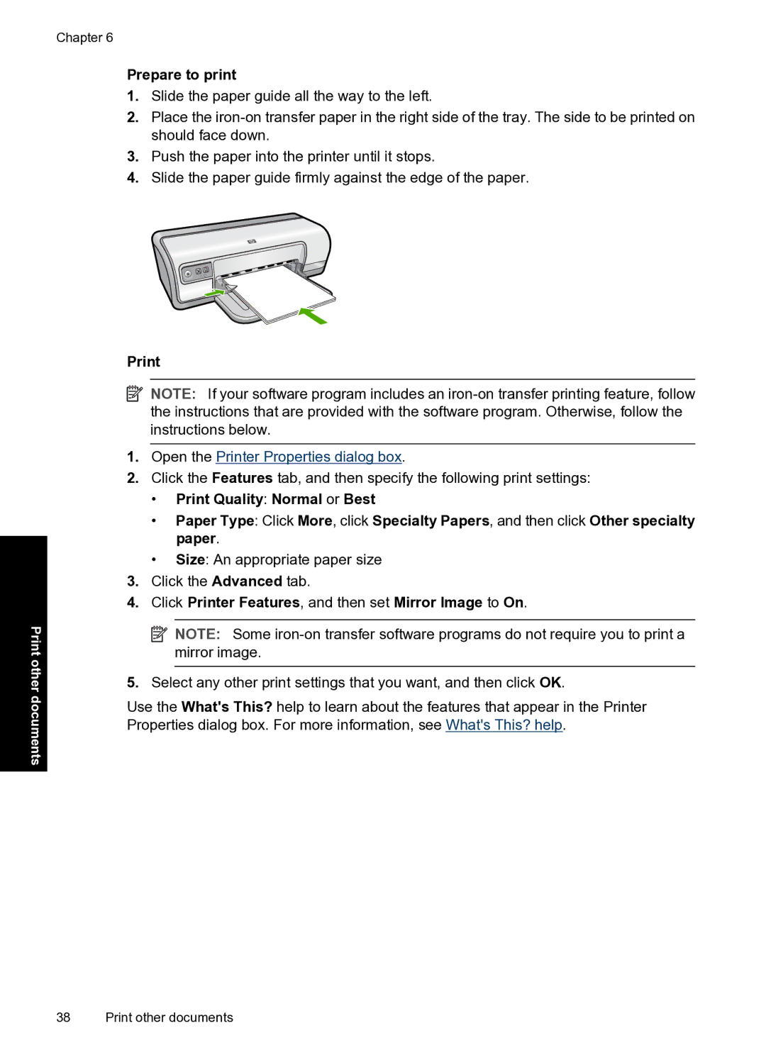 HP D2500 manual Click Printer Features, and then set Mirror Image to On 