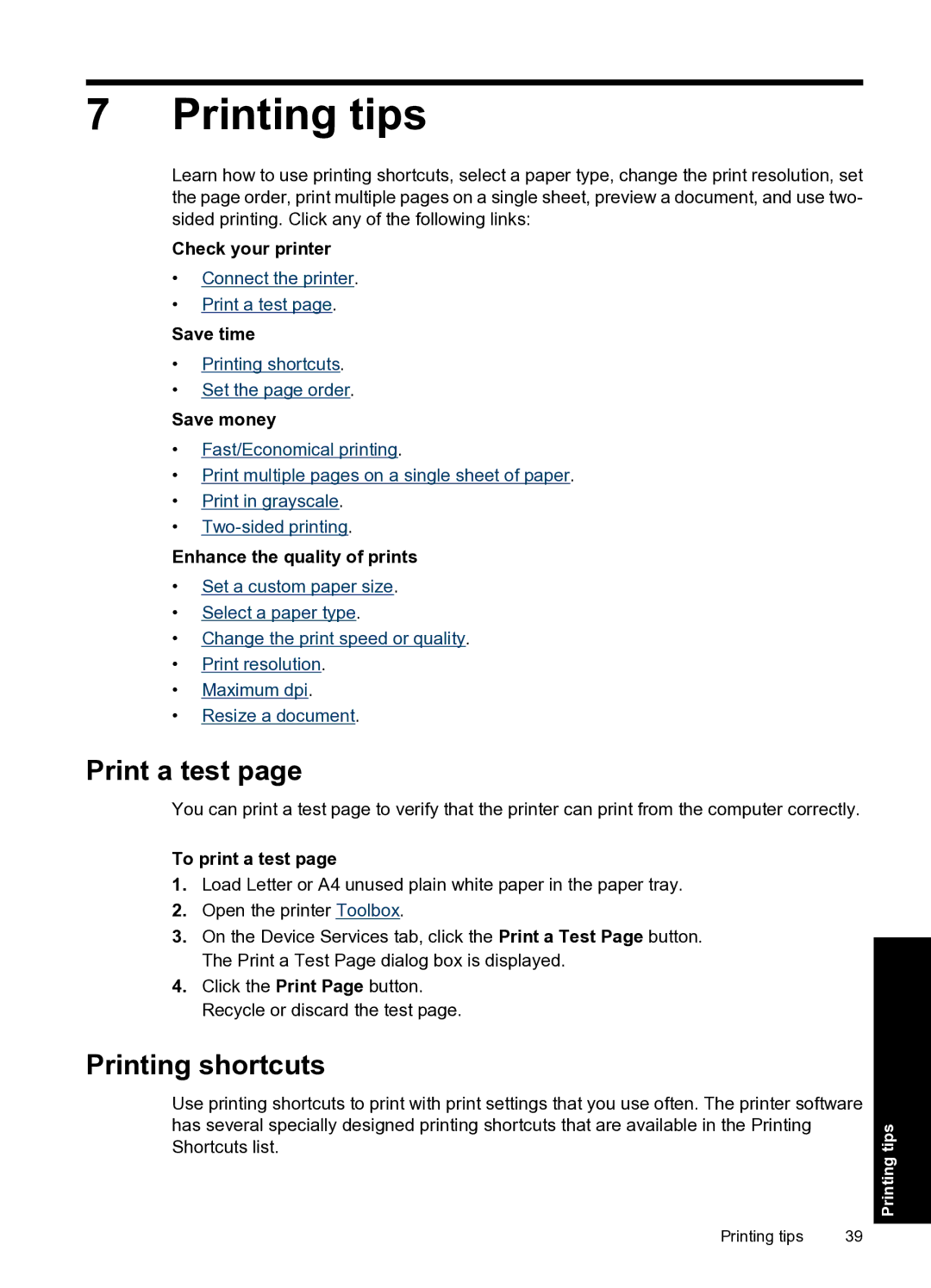 HP D2500 manual Printing tips, Print a test, Printing shortcuts 