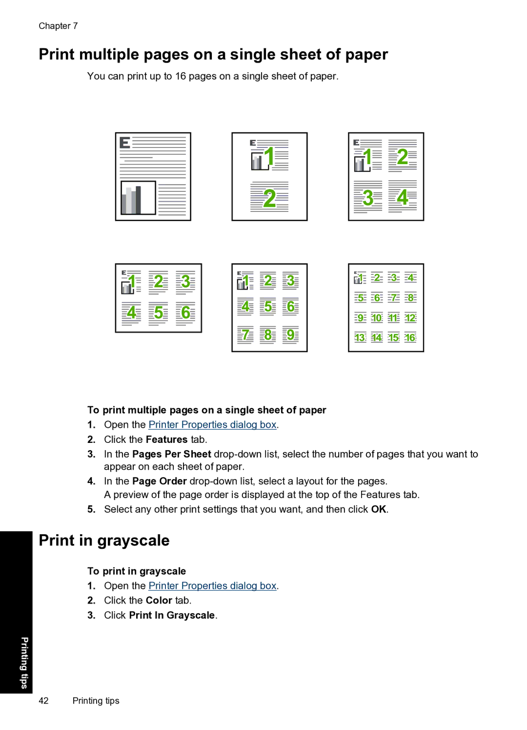 HP D2500 manual Print multiple pages on a single sheet of paper, Print in grayscale, To print in grayscale 