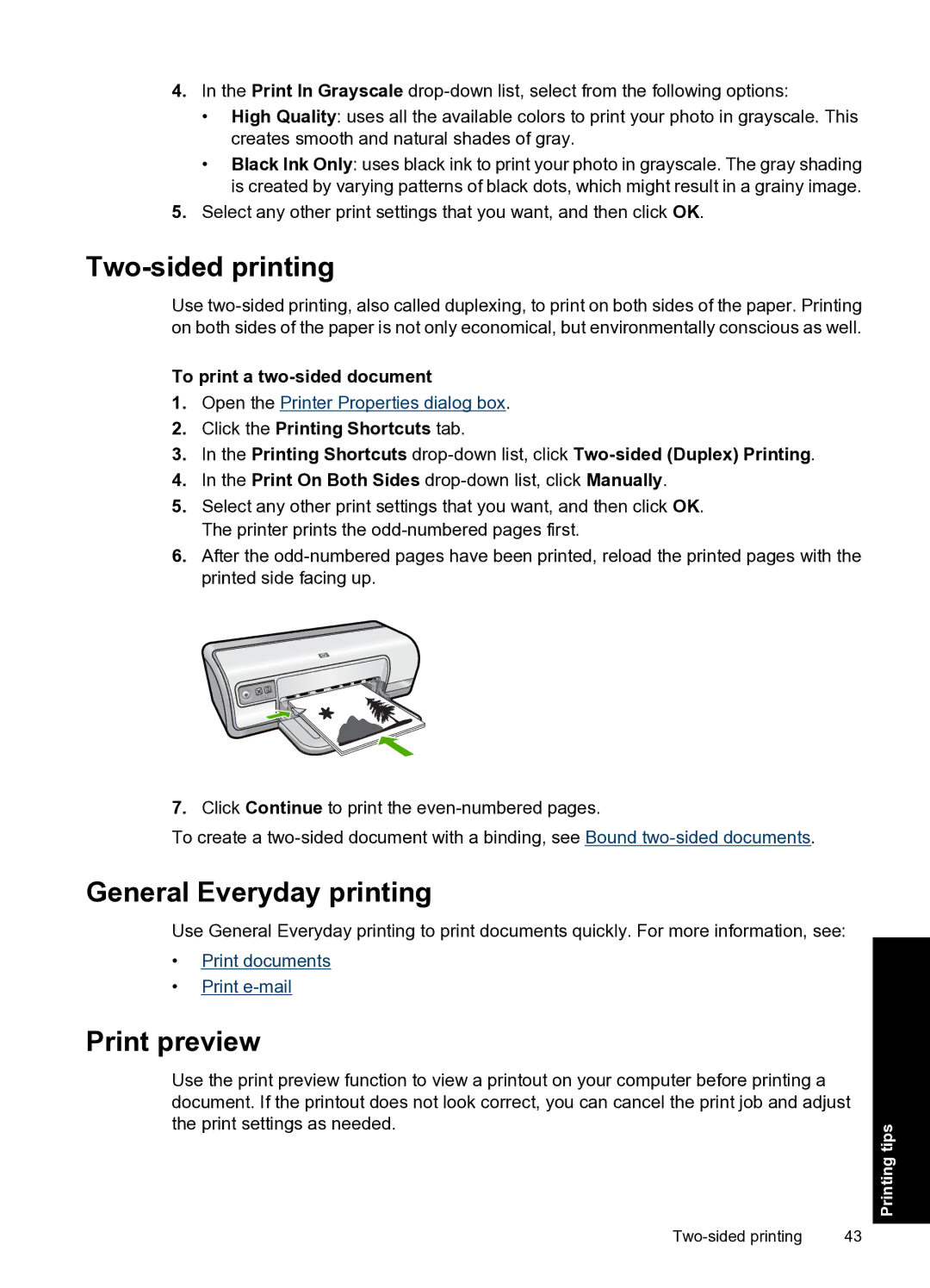 HP D2500 manual Two-sided printing, General Everyday printing, Print preview, To print a two-sided document 