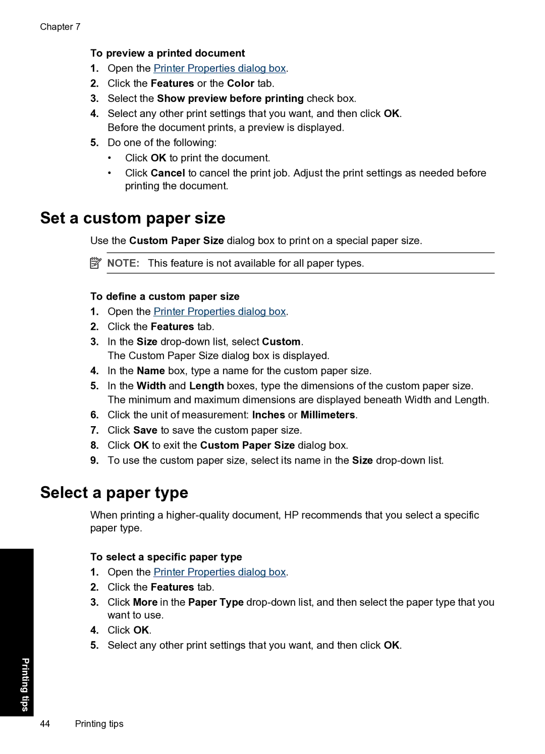 HP D2500 manual Set a custom paper size, Select a paper type 