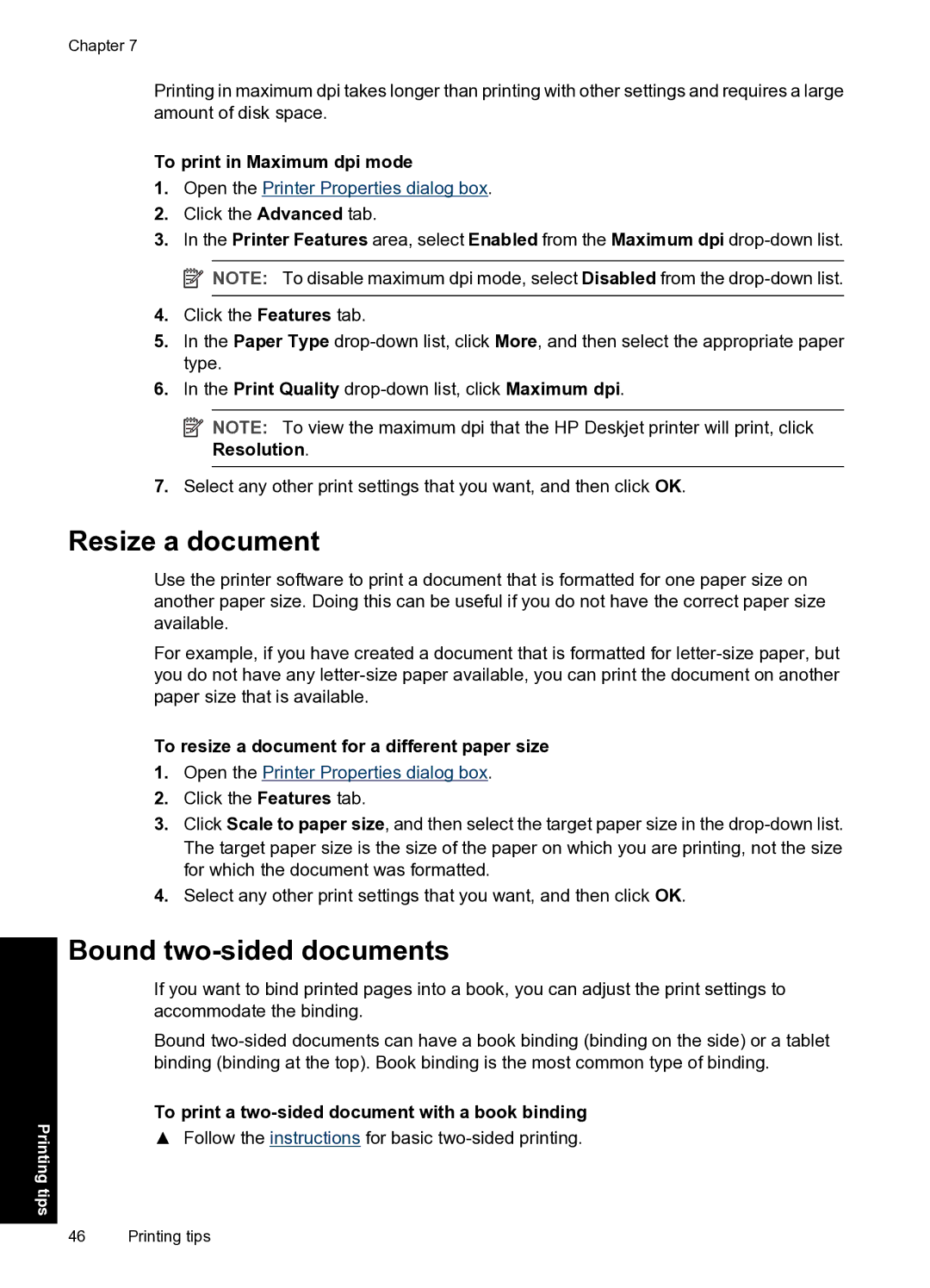 HP D2500 manual Resize a document, Bound two-sided documents, To print in Maximum dpi mode 