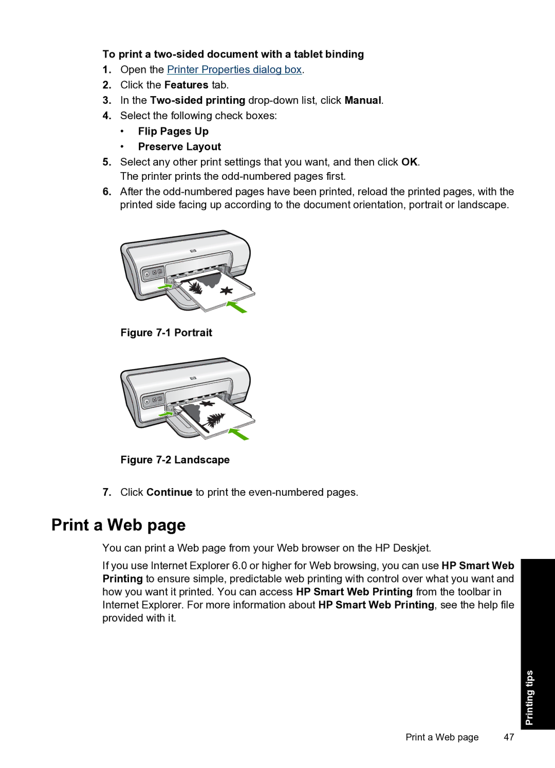 HP D2500 manual Print a Web, To print a two-sided document with a tablet binding, Flip Pages Up Preserve Layout 