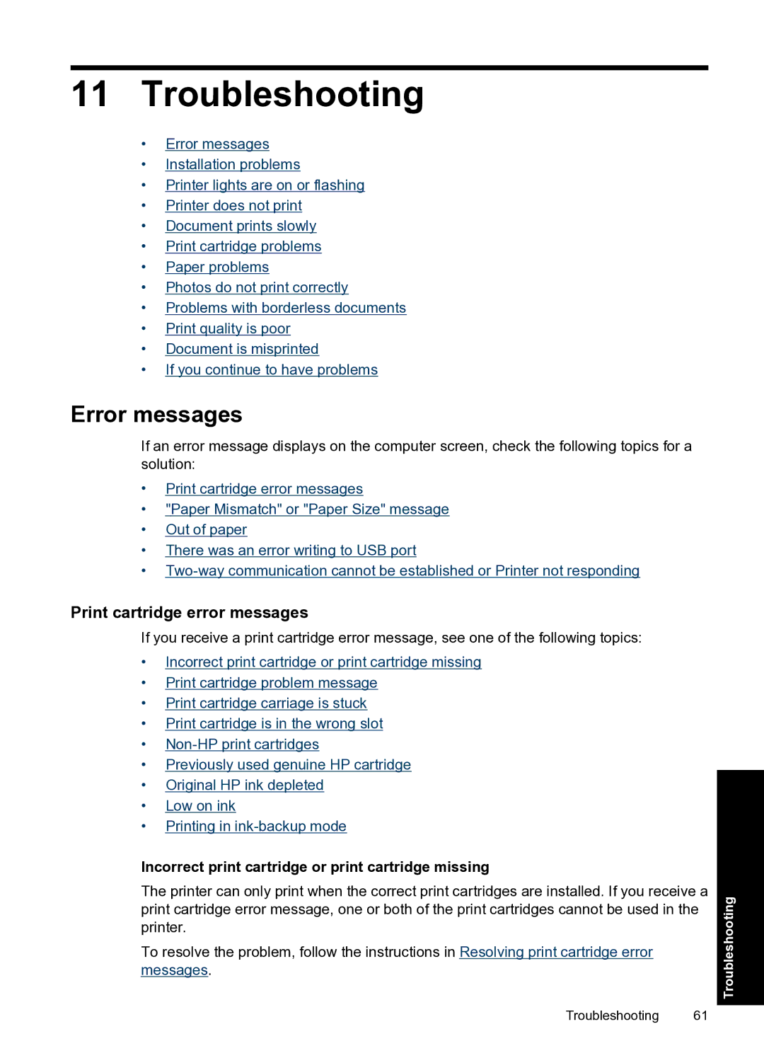 HP D2500 manual Troubleshooting, Error messages, Print cartridge error messages 