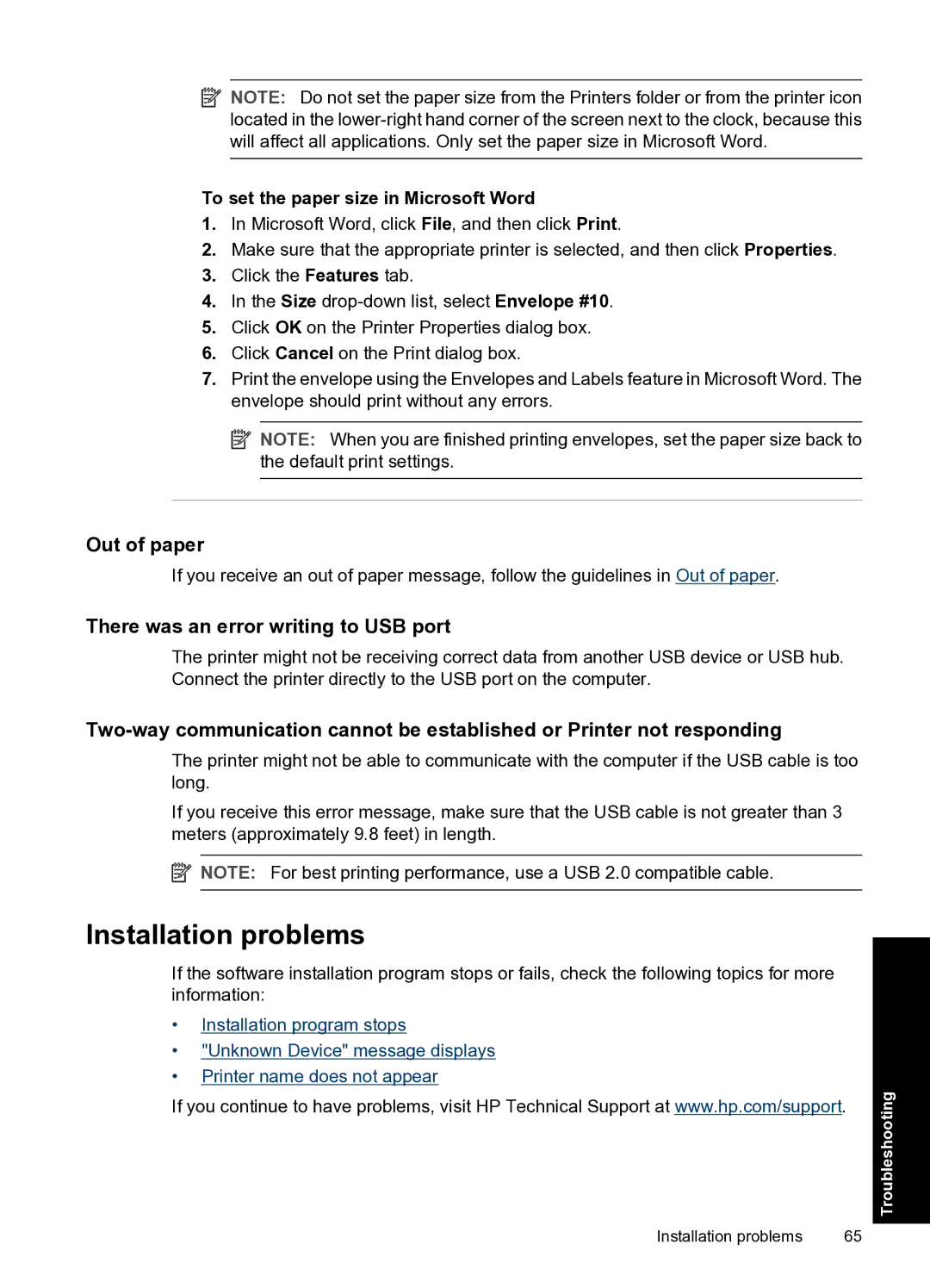 HP D2500 manual Installation problems, Out of paper, There was an error writing to USB port 