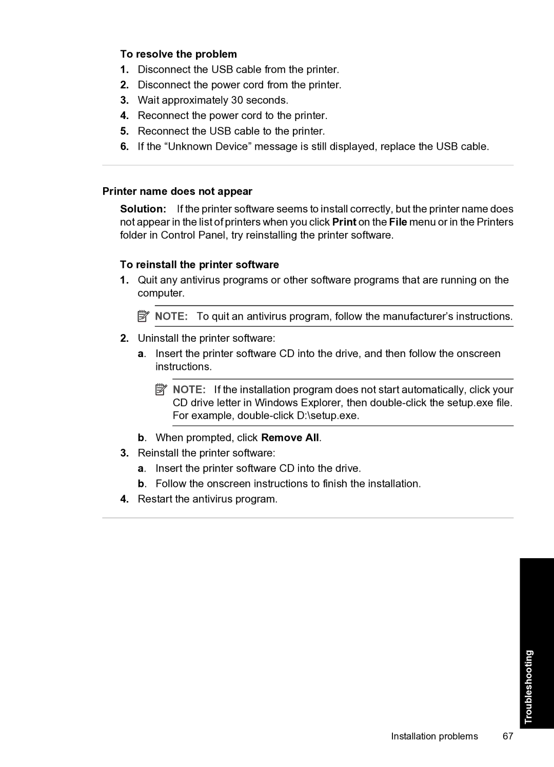 HP D2500 manual Printer name does not appear, To reinstall the printer software 