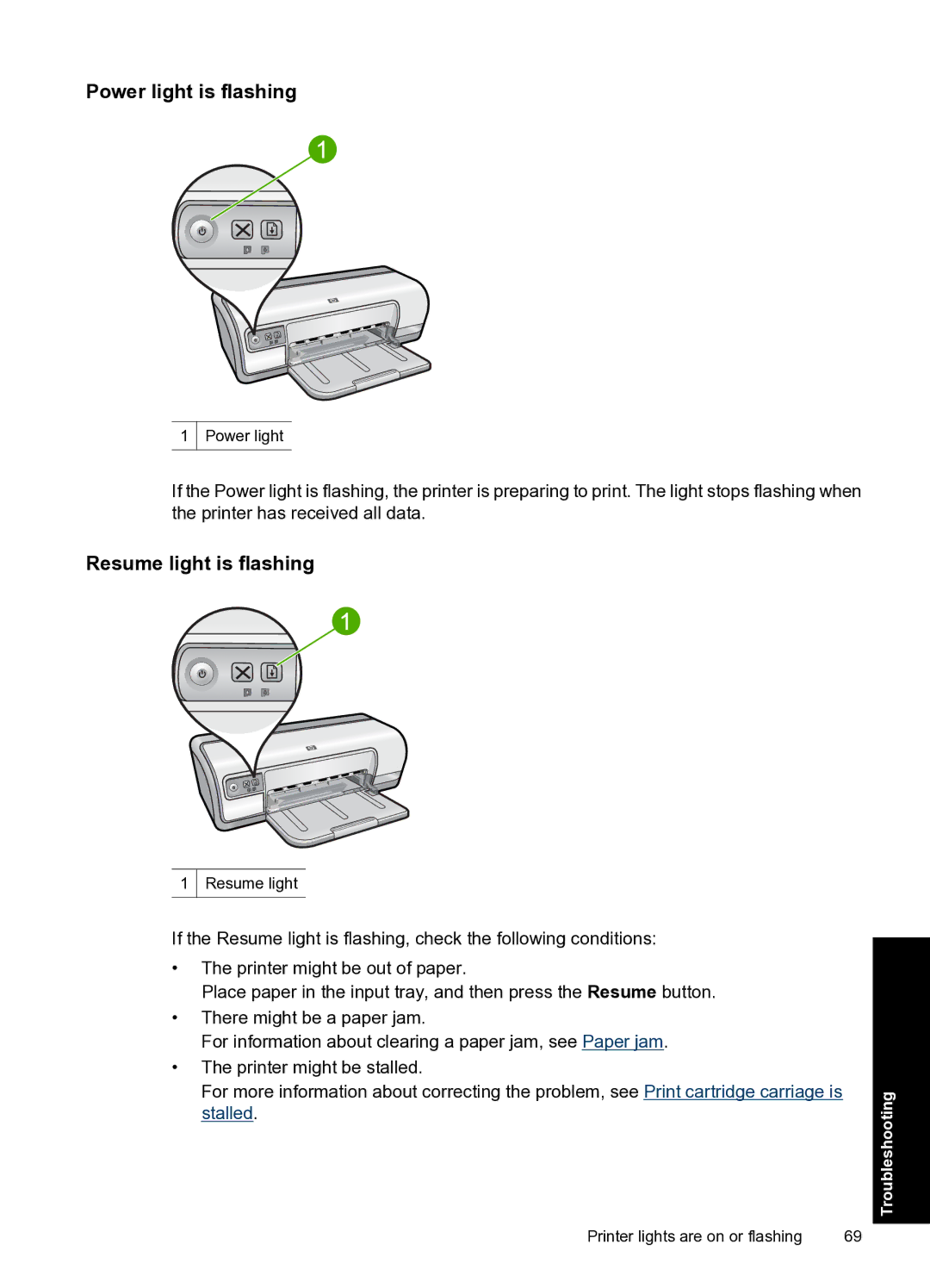 HP D2500 manual Power light is flashing, Resume light is flashing 