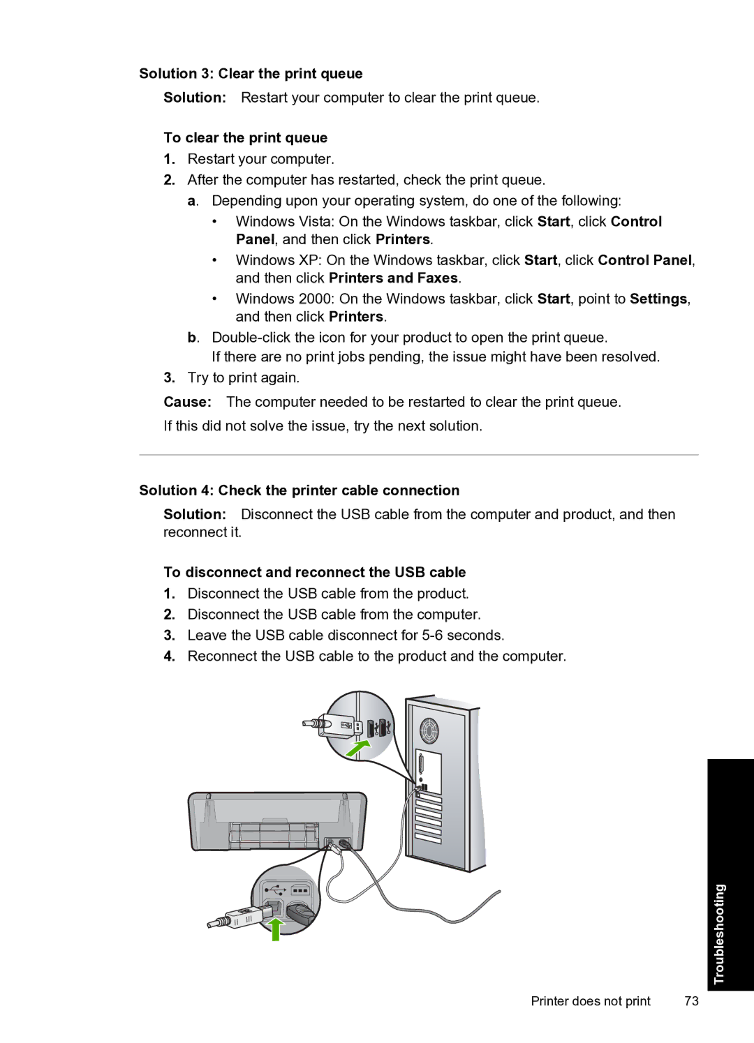 HP D2500 manual Solution 3 Clear the print queue, To clear the print queue, Solution 4 Check the printer cable connection 