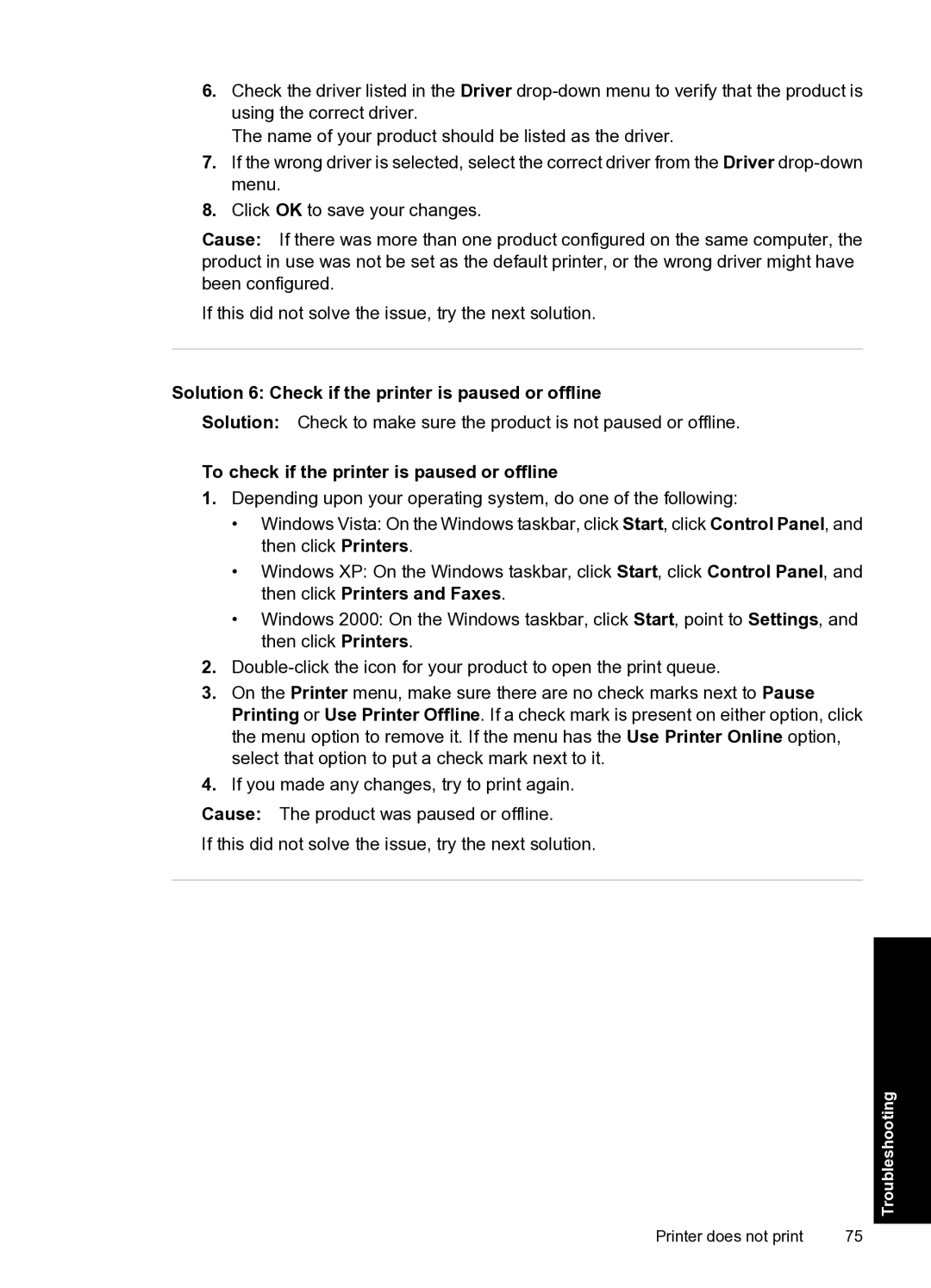 HP D2500 manual Solution 6 Check if the printer is paused or offline, To check if the printer is paused or offline 