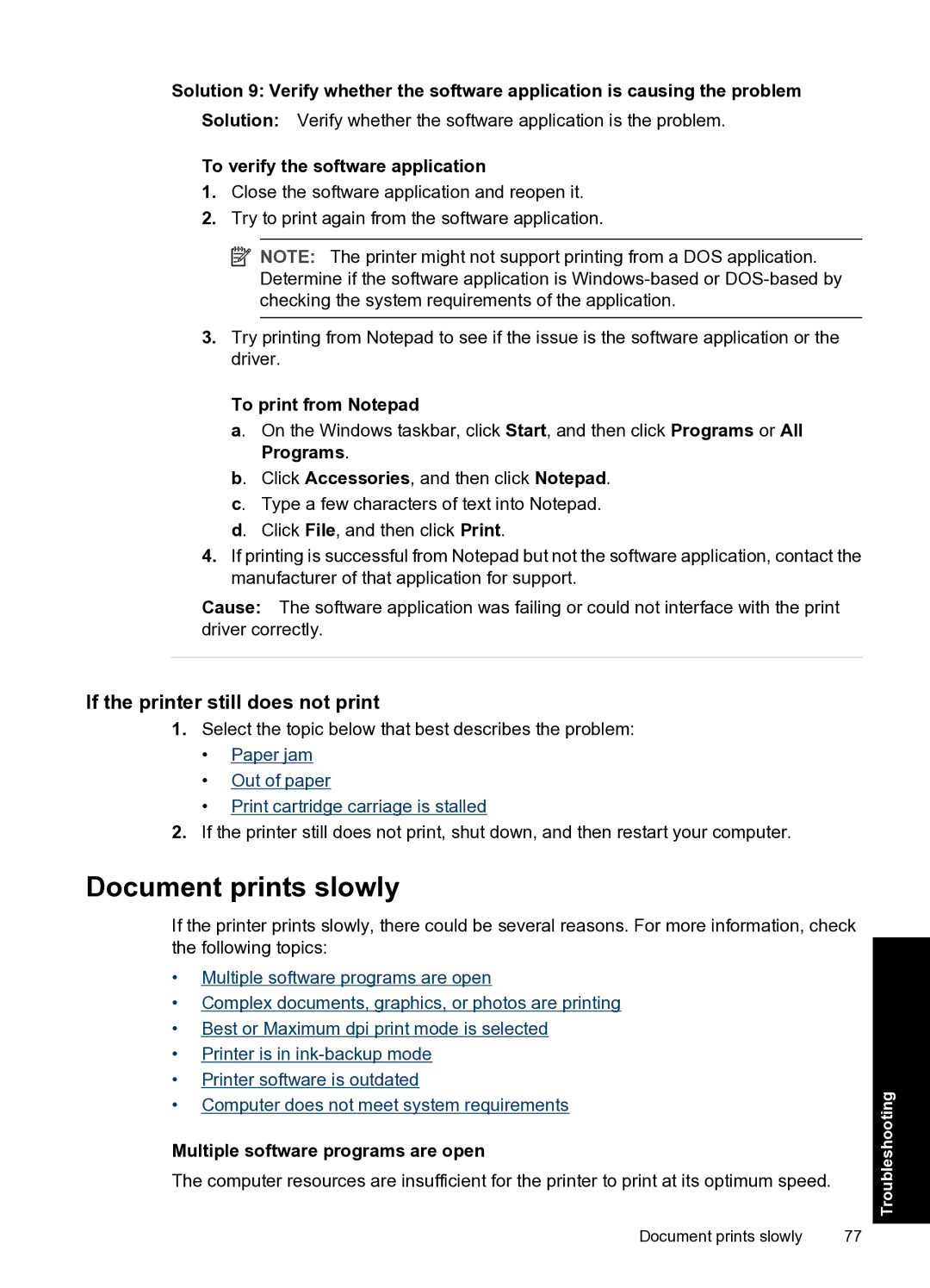 HP D2500 manual Document prints slowly, If the printer still does not print, To verify the software application 