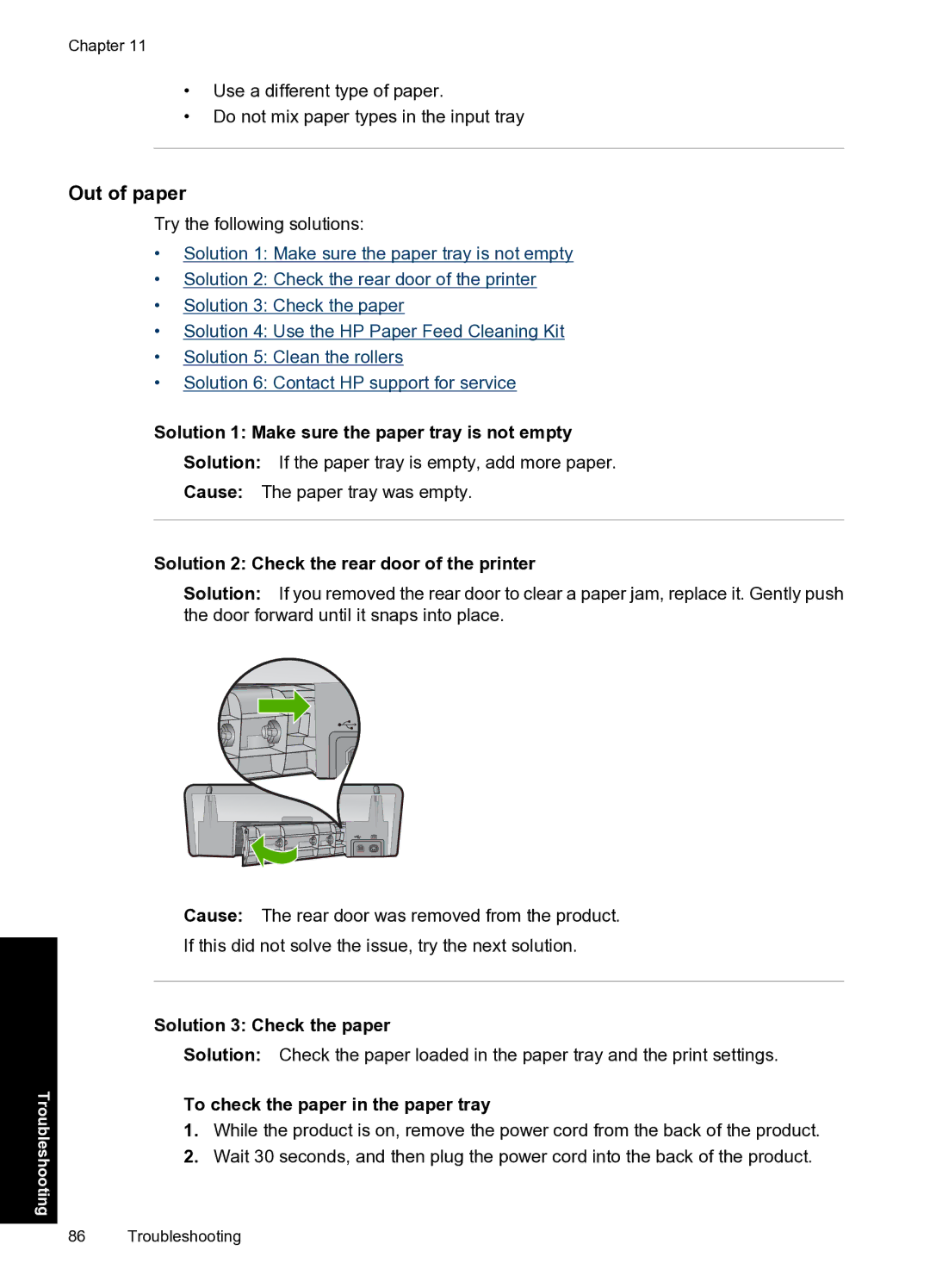 HP D2500 manual Solution 1 Make sure the paper tray is not empty, Solution 2 Check the rear door of the printer 