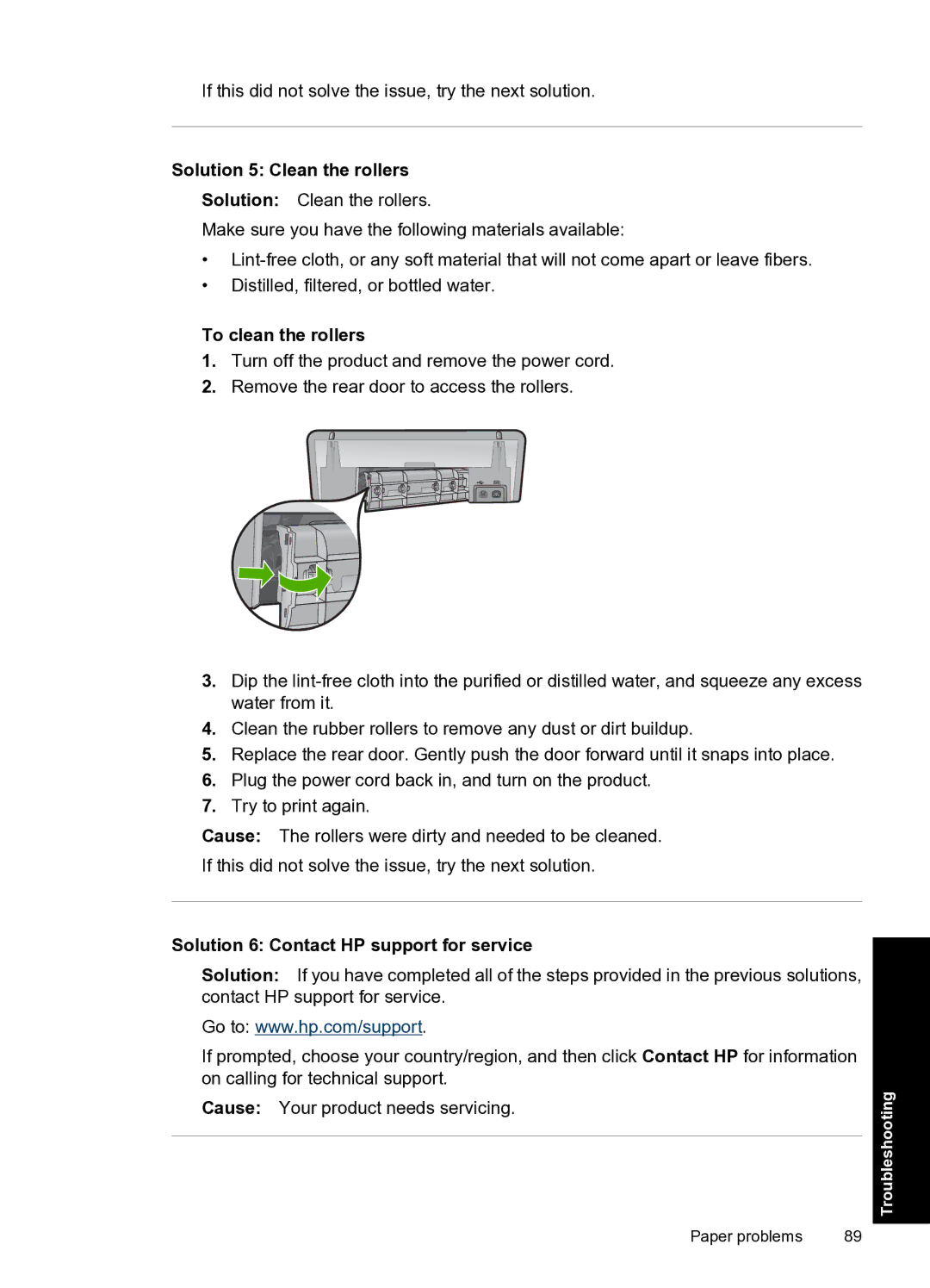 HP D2500 manual Solution 5 Clean the rollers, To clean the rollers, Solution 6 Contact HP support for service 