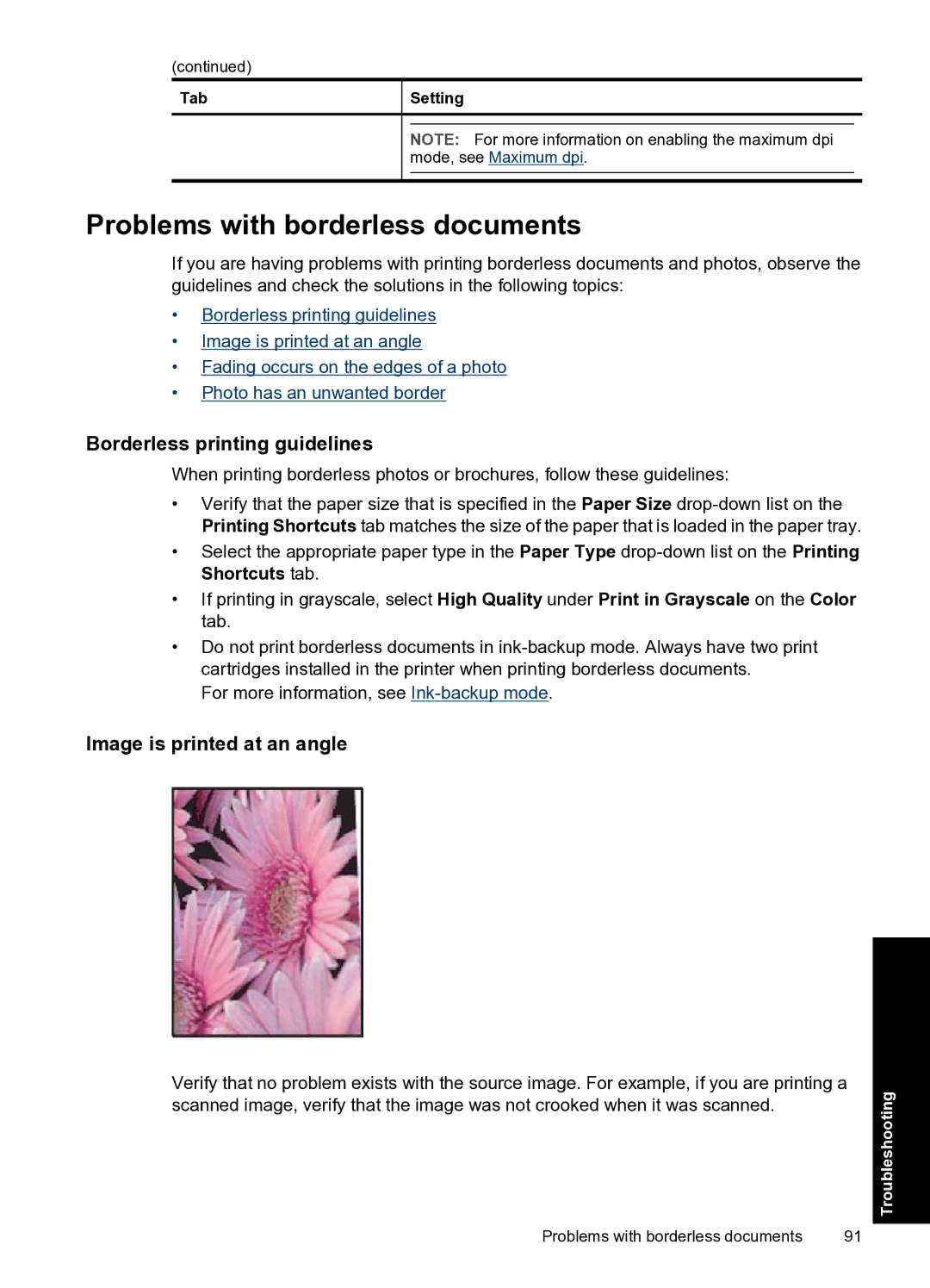 HP D2500 manual Problems with borderless documents, Borderless printing guidelines, Image is printed at an angle 