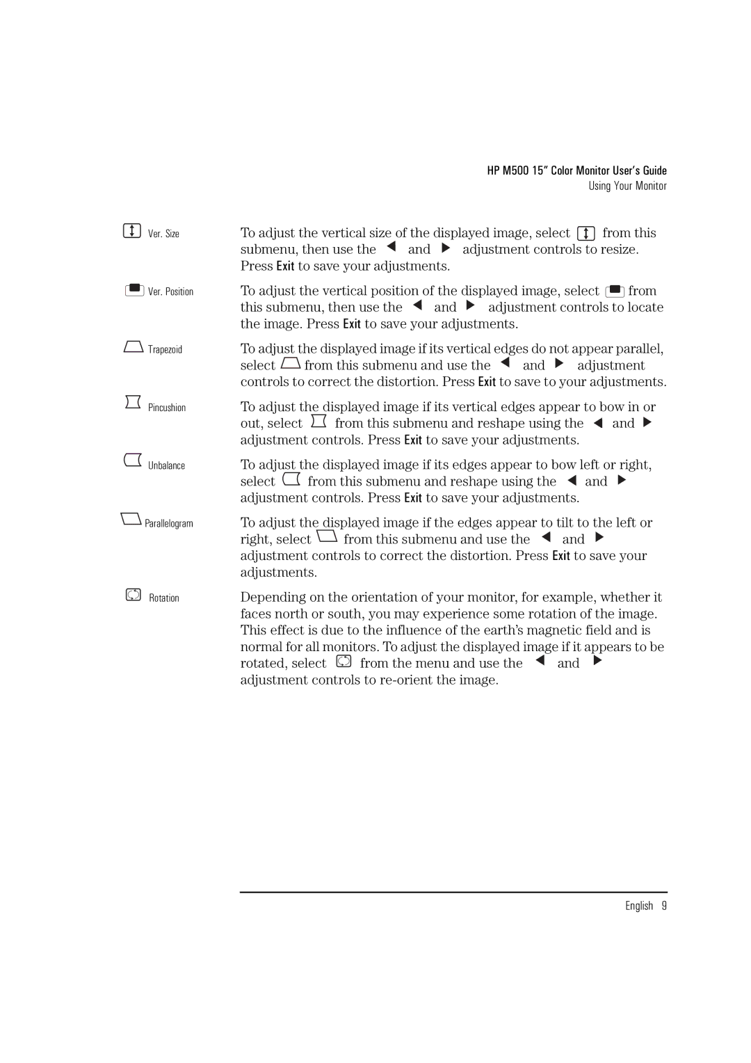 HP D2832A Submenu, then use, Adjustment controls to locate, Select From this submenu and use Adjustment, Adjustments 