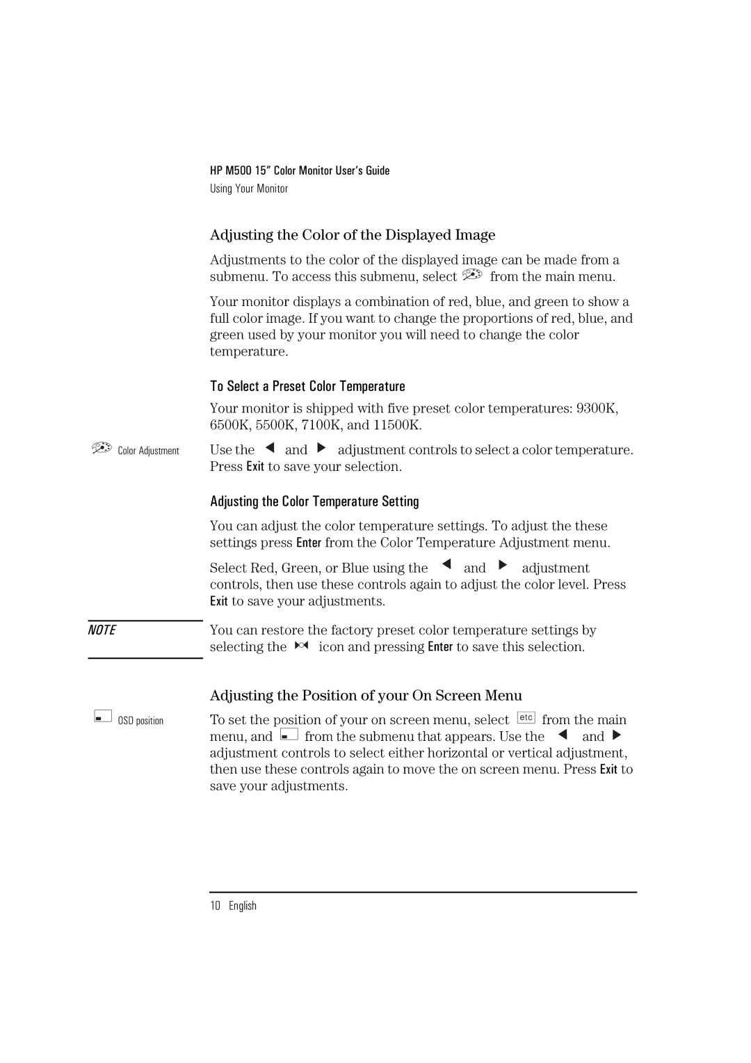 HP D2832A manual Adjusting the Color of the Displayed Image, Adjusting the Position of your On Screen Menu 