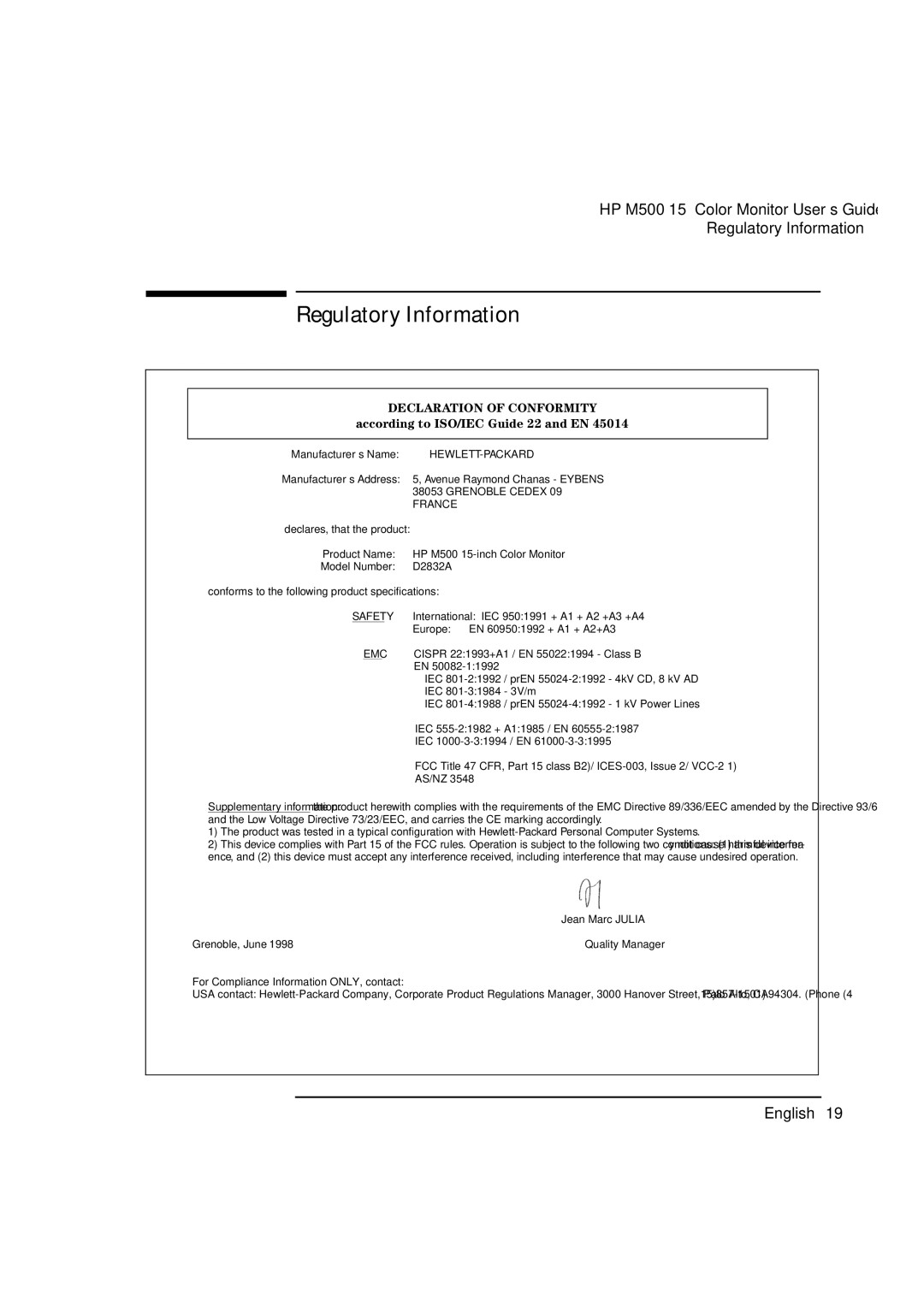 HP D2832A manual Regulatory Information, Declaration of Conformity 