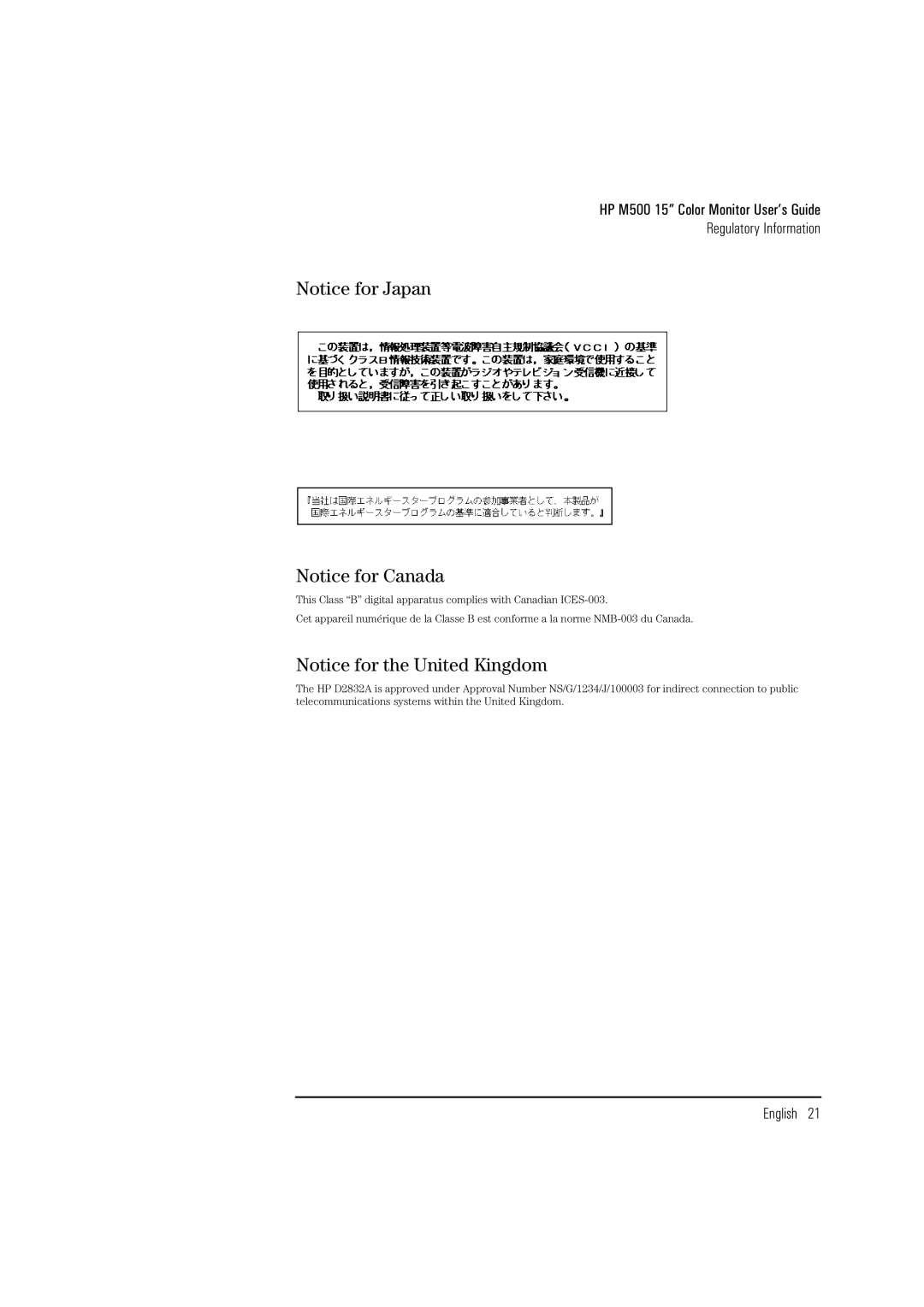 HP D2832A manual HP M500 15 Color Monitor User’s Guide Regulatory Information 