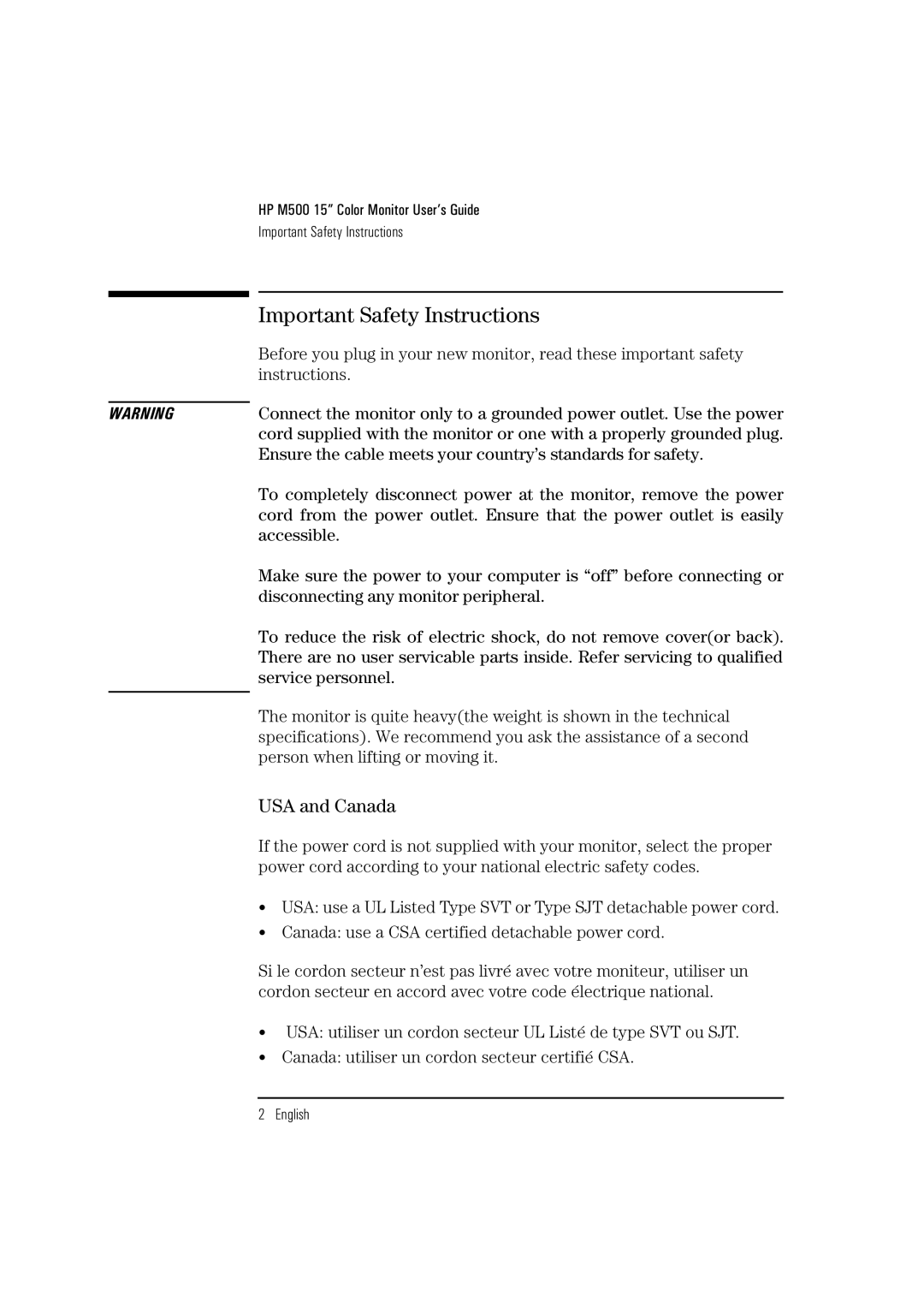 HP D2832A manual Important Safety Instructions, USA and Canada 