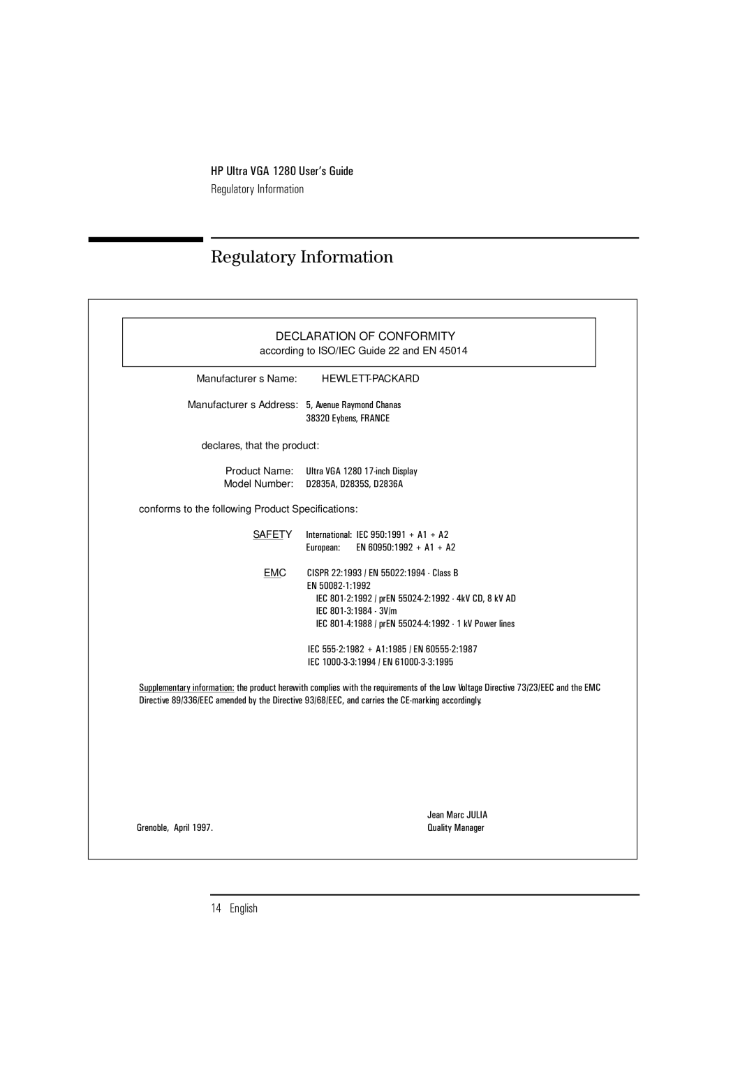 HP D2836A, D2835S, D2835A manual Regulatory Information, Declaration of Conformity 