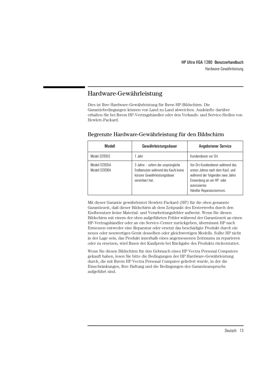 HP D2836A, D2835S, D2835A manual Begrenzte Hardware-Gewährleistung für den Bildschirm 