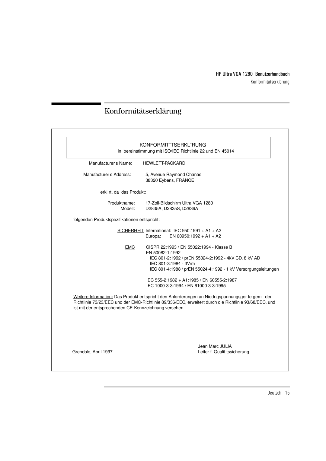 HP D2835A, D2836A, D2835S manual Konformitätserklärung 