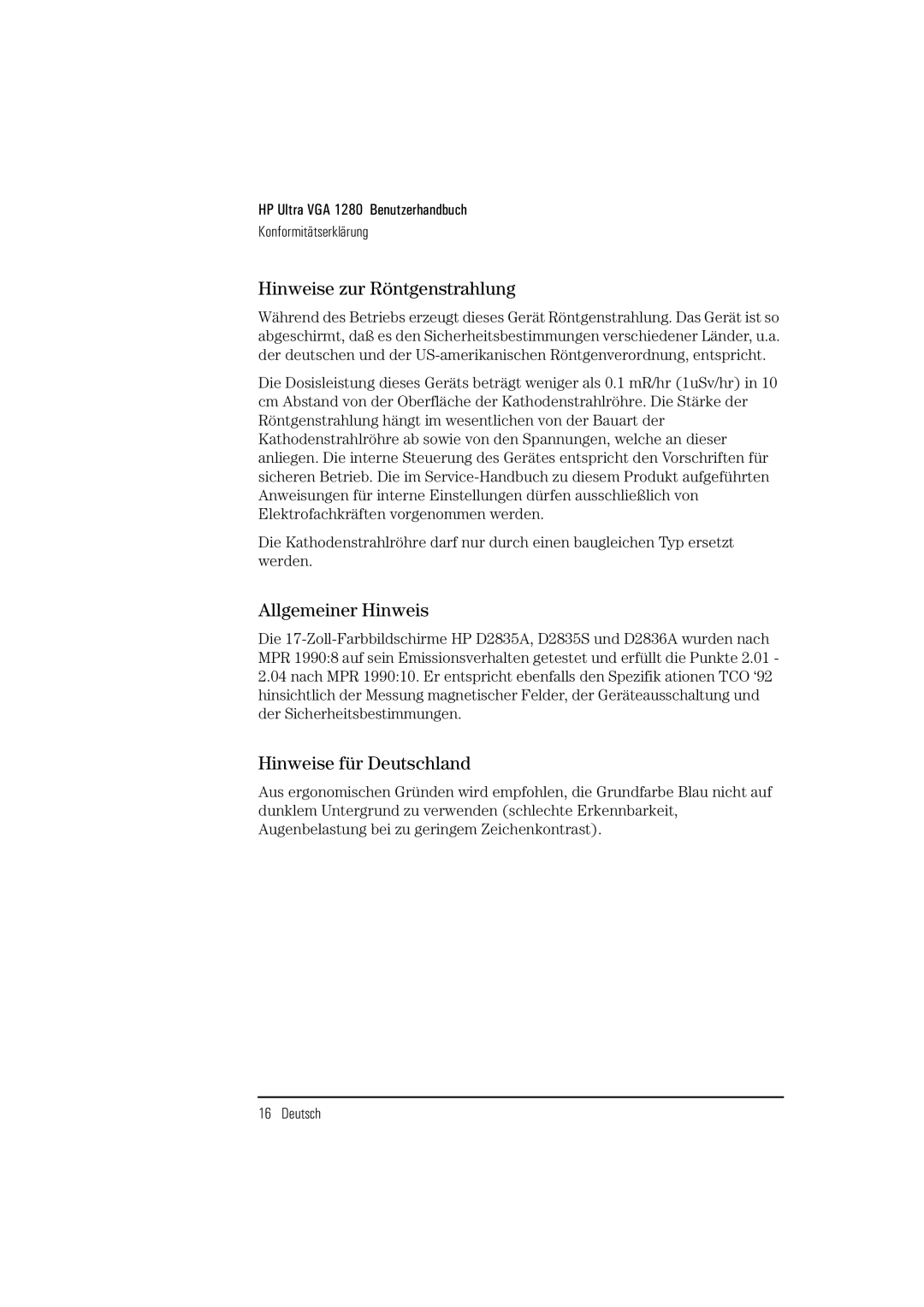 HP D2836A, D2835S, D2835A manual Hinweise zur Röntgenstrahlung, Allgemeiner Hinweis, Hinweise für Deutschland 