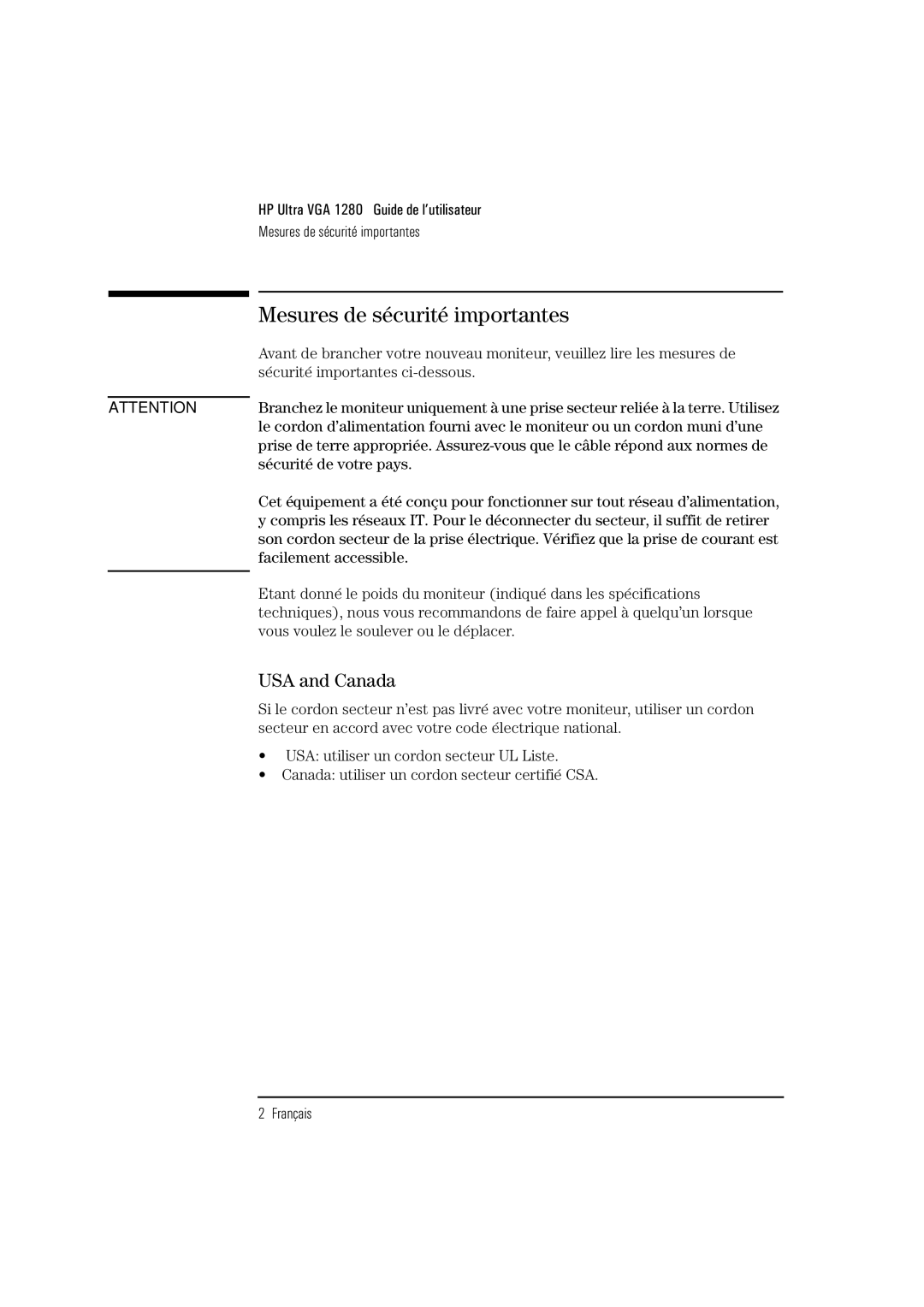 HP D2835A, D2836A, D2835S manual Mesures de sécurité importantes, USA and Canada 