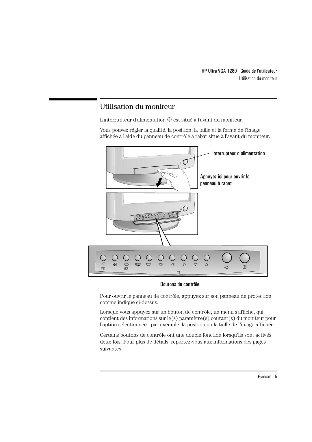 HP D2835A, D2836A, D2835S manual Utilisation du moniteur, Boutons de contrôle 