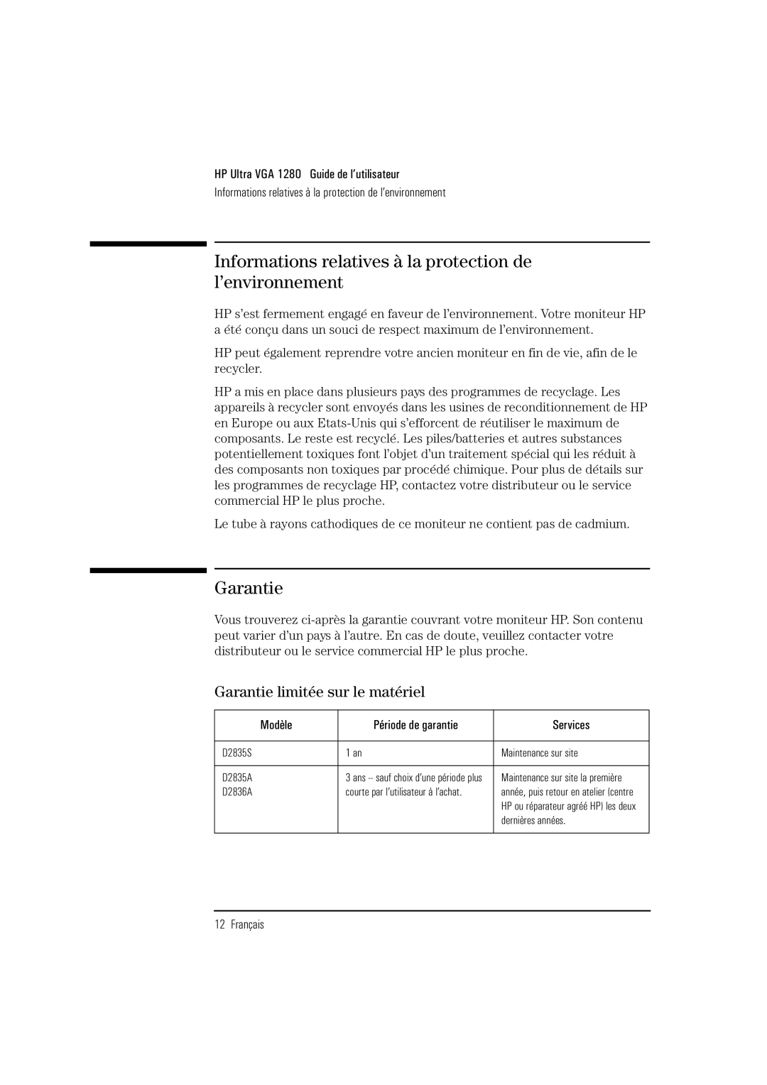 HP D2836A, D2835S, D2835A Informations relatives à la protection de l’environnement, Garantie limitée sur le matériel 