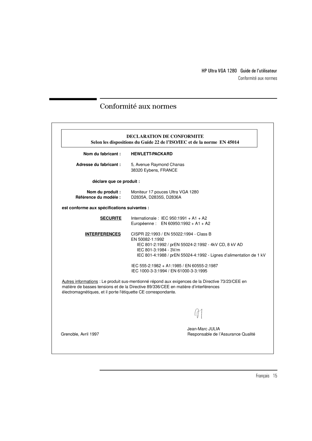 HP D2836A, D2835S, D2835A manual Conformité aux normes, Declaration DE Conformite 