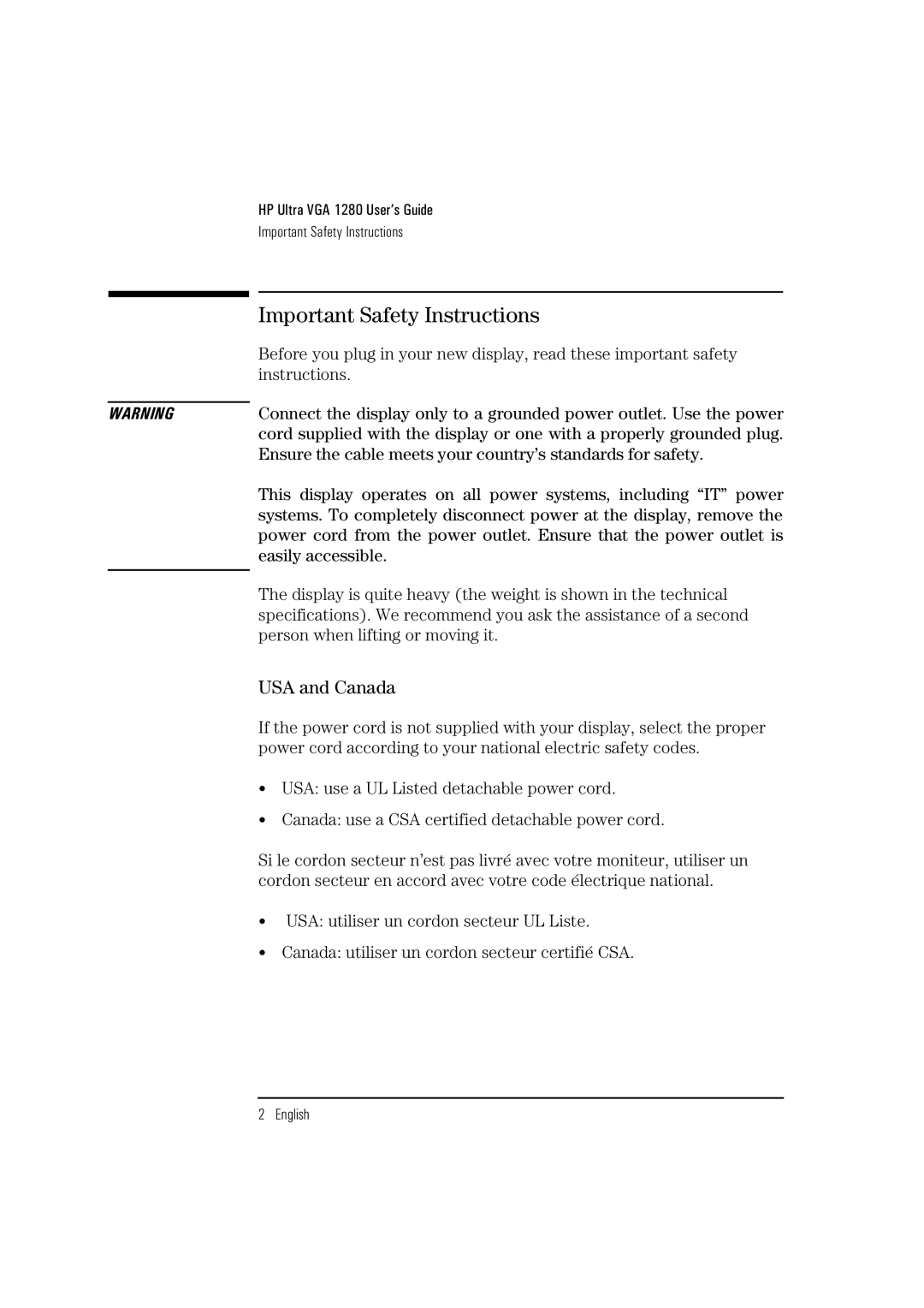 HP D2836A, D2835S, D2835A manual Important Safety Instructions, USA and Canada 