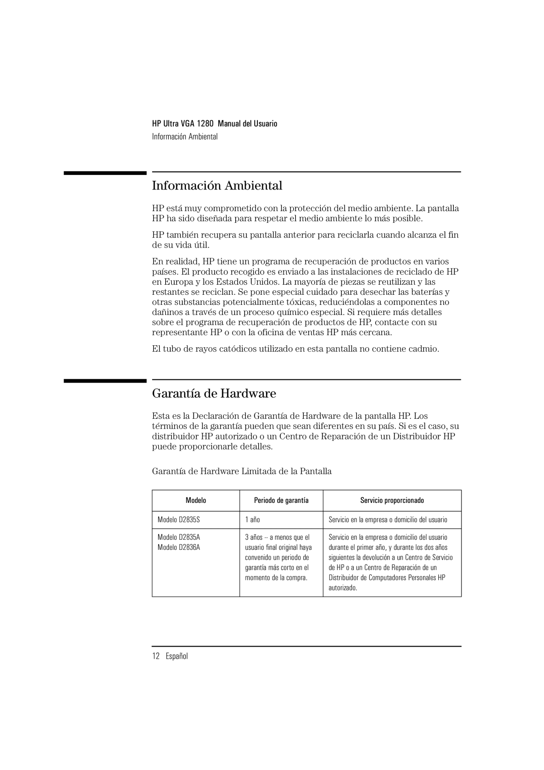 HP D2835S, D2836A, D2835A manual Información Ambiental, Garantía de Hardware 