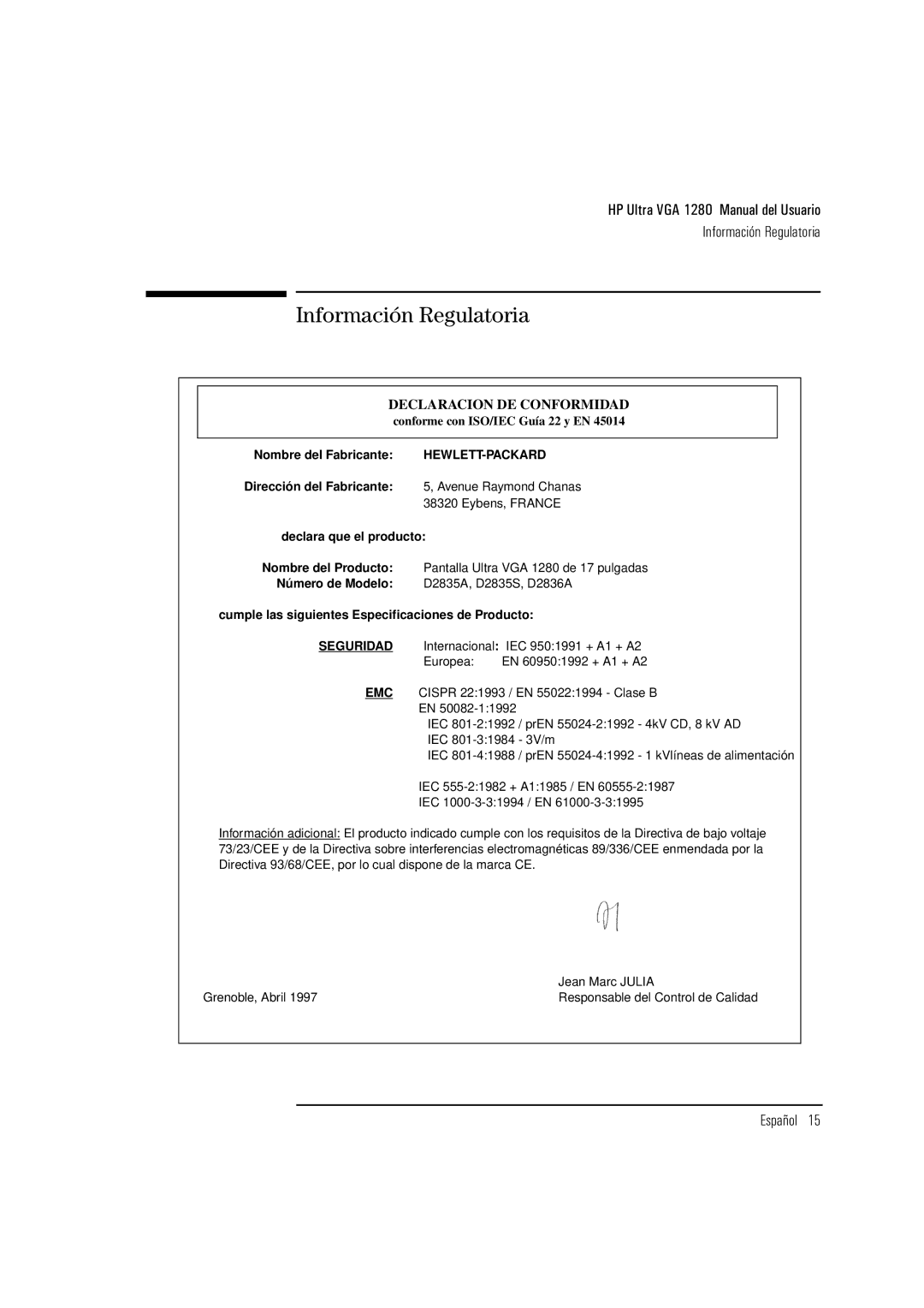 HP D2835S, D2836A, D2835A manual Información Regulatoria, Emc 