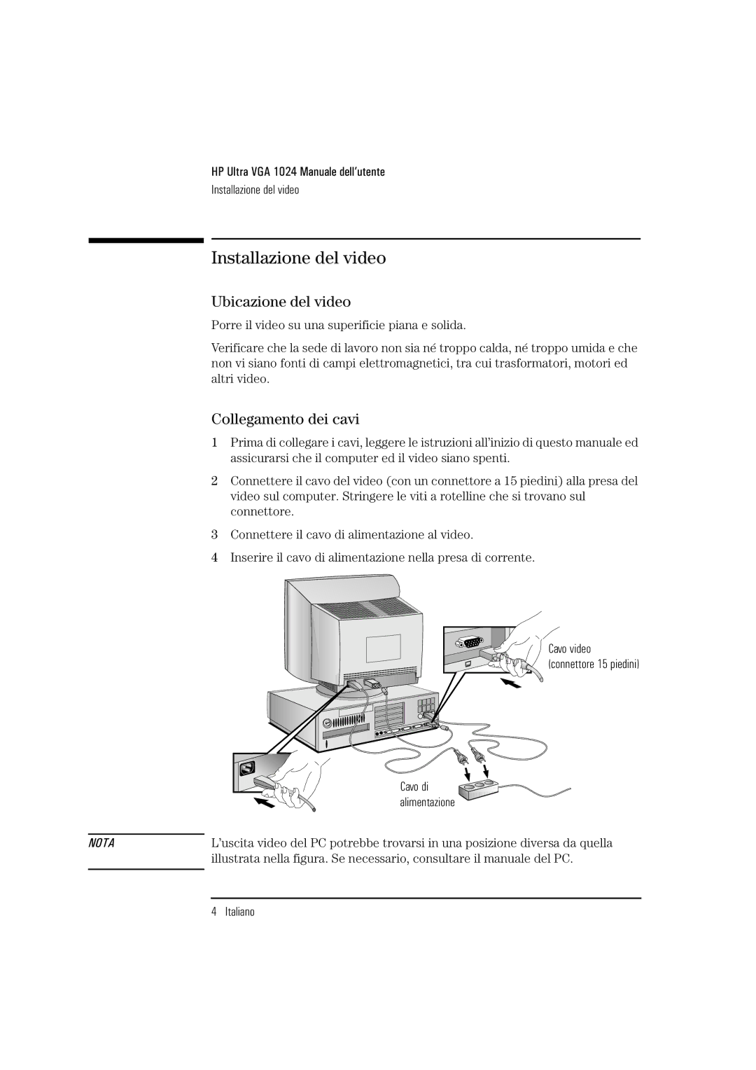 HP D2835A, D2836A, D2835S manual Installazione del video, Ubicazione del video, Collegamento dei cavi 