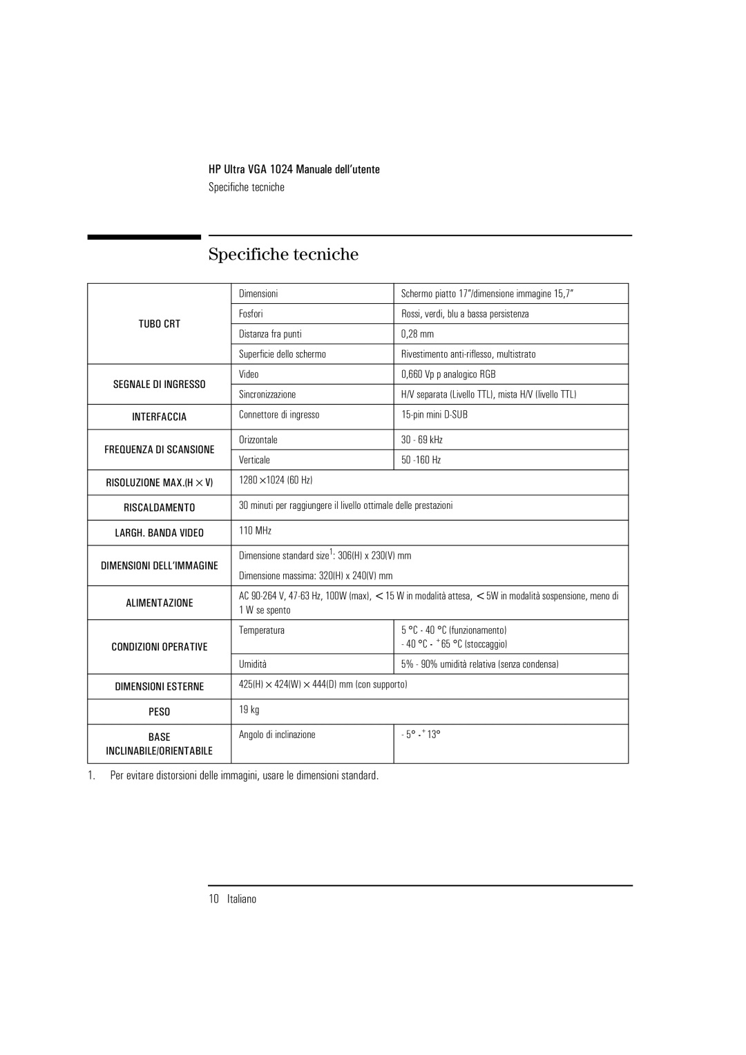 HP D2835A, D2836A, D2835S manual Specifiche tecniche, Dimensione standard size1 306H x 230V mm 