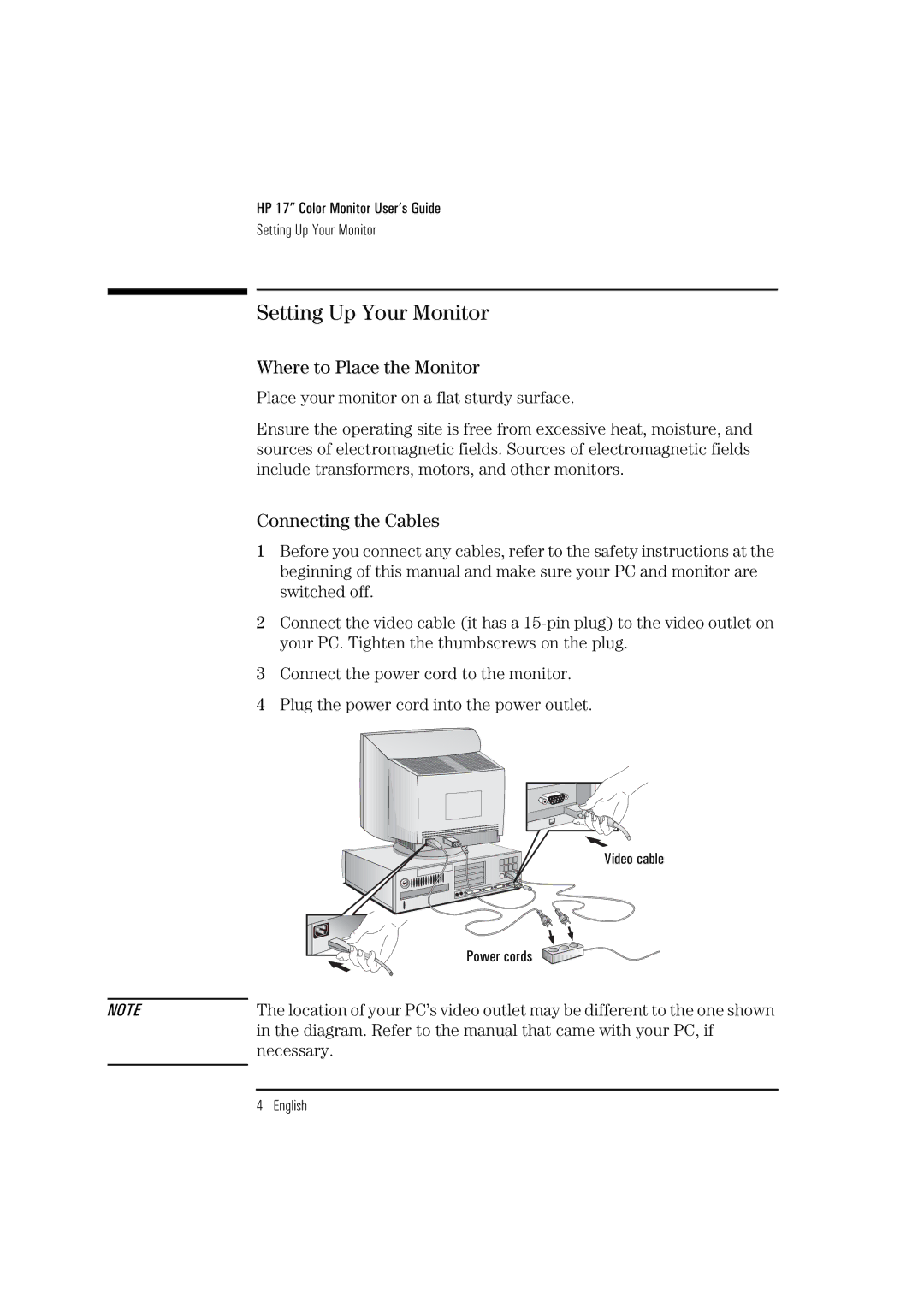 HP D2837A manual Setting Up Your Monitor, Where to Place the Monitor, Connecting the Cables 