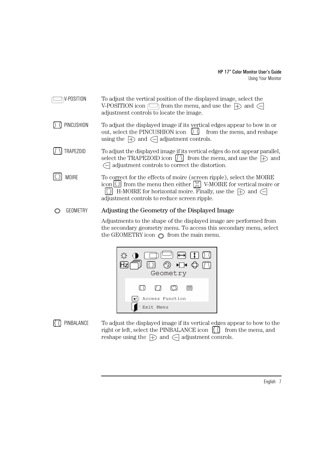 HP D2837A manual Adjusting the Geometry of the Displayed Image 