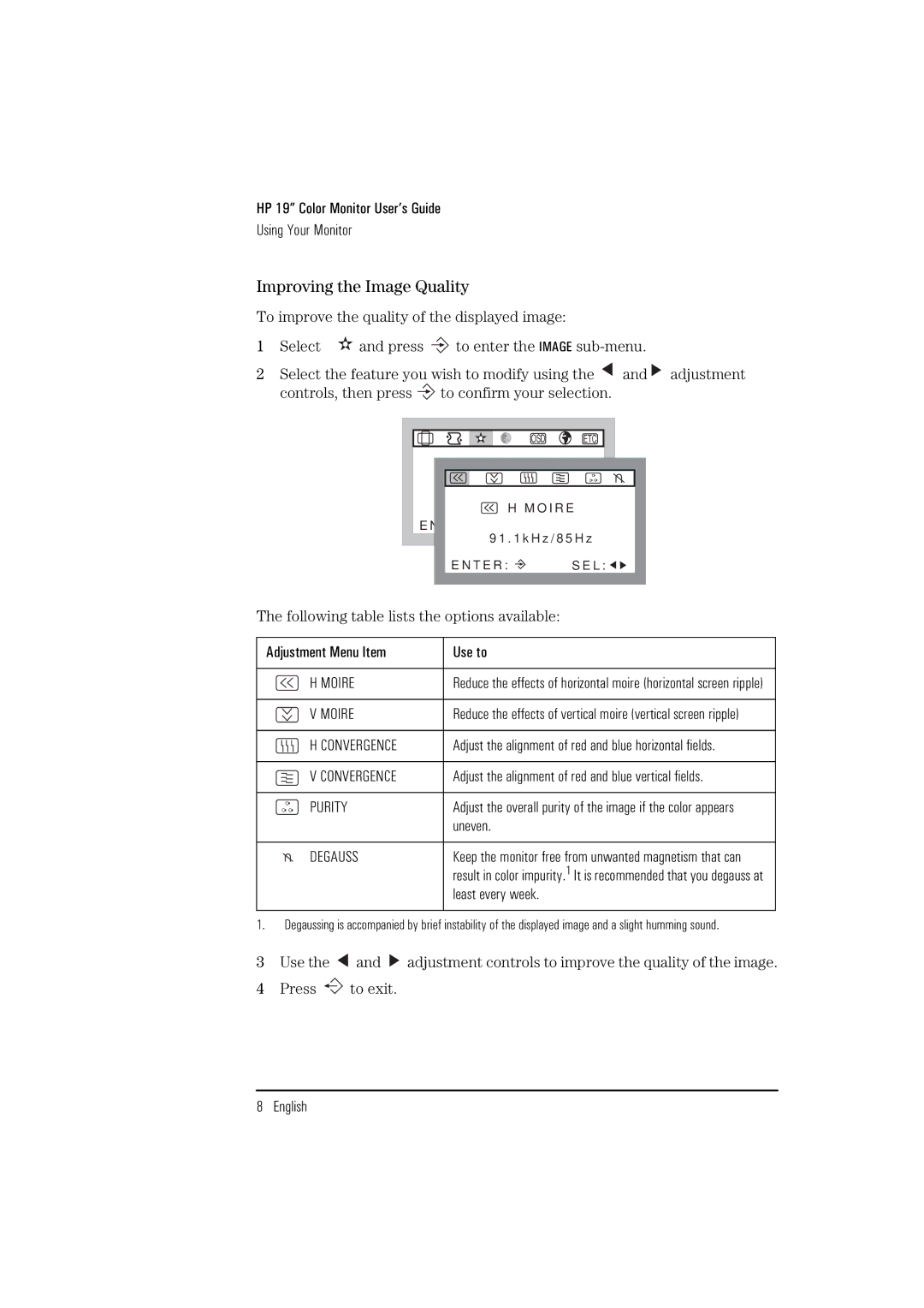 HP D2842A, D2842W manual Following table lists the options available, Moire, Convergence, Purity, Degauss 