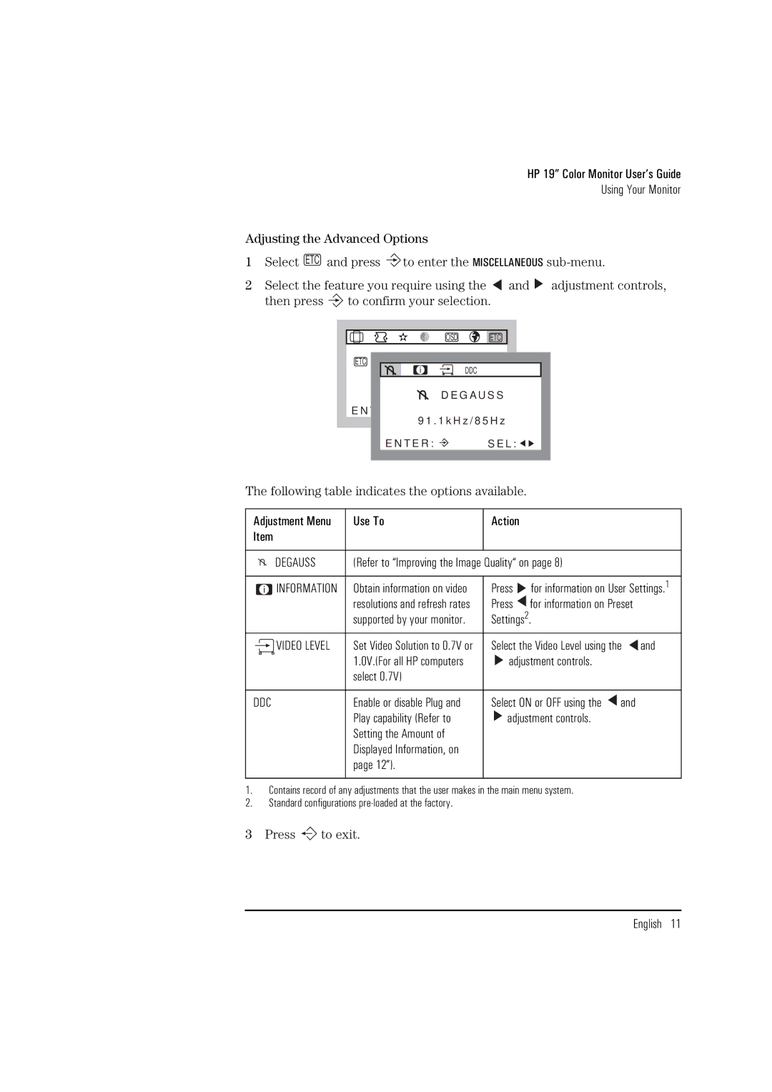 HP D2842W, D2842A manual Then press, Following table indicates the options available, Ddc 