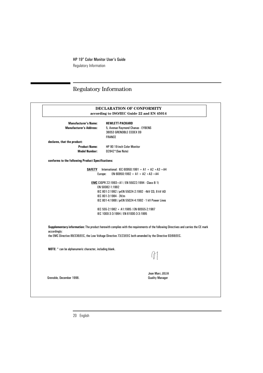 HP D2842A, D2842W manual Regulatory Information, Declaration of Conformity 