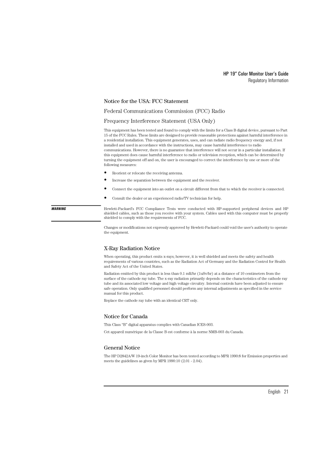 HP D2842W, D2842A manual Ray Radiation Notice, General Notice 