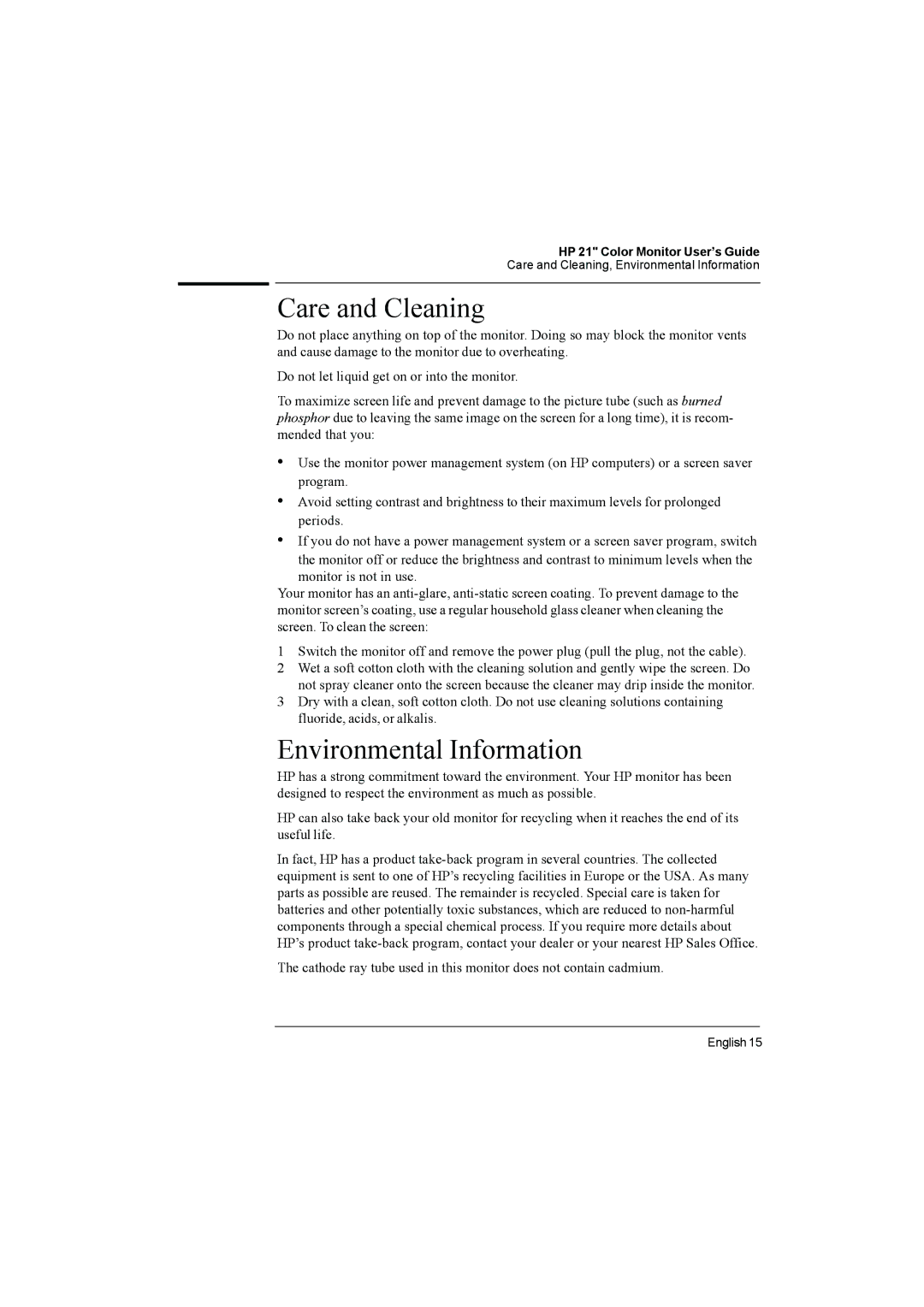 HP D2847A, D2847W manual Care and Cleaning, Environmental Information 