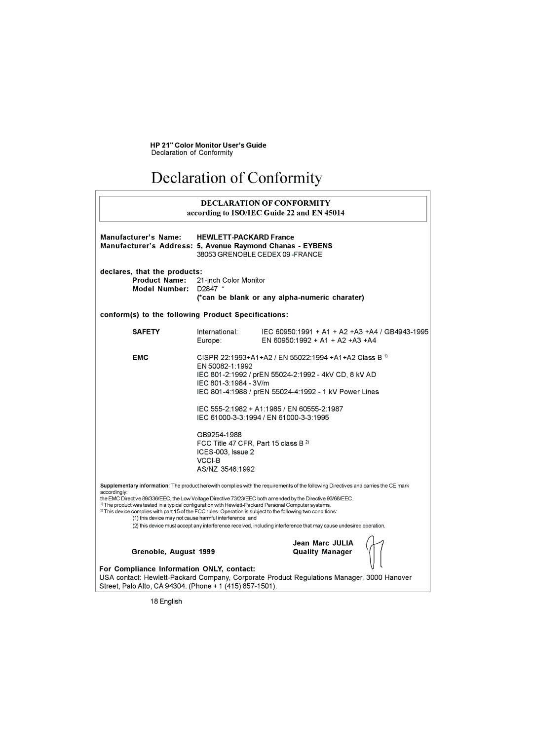 HP D2847W, D2847A manual Declaration of Conformity 