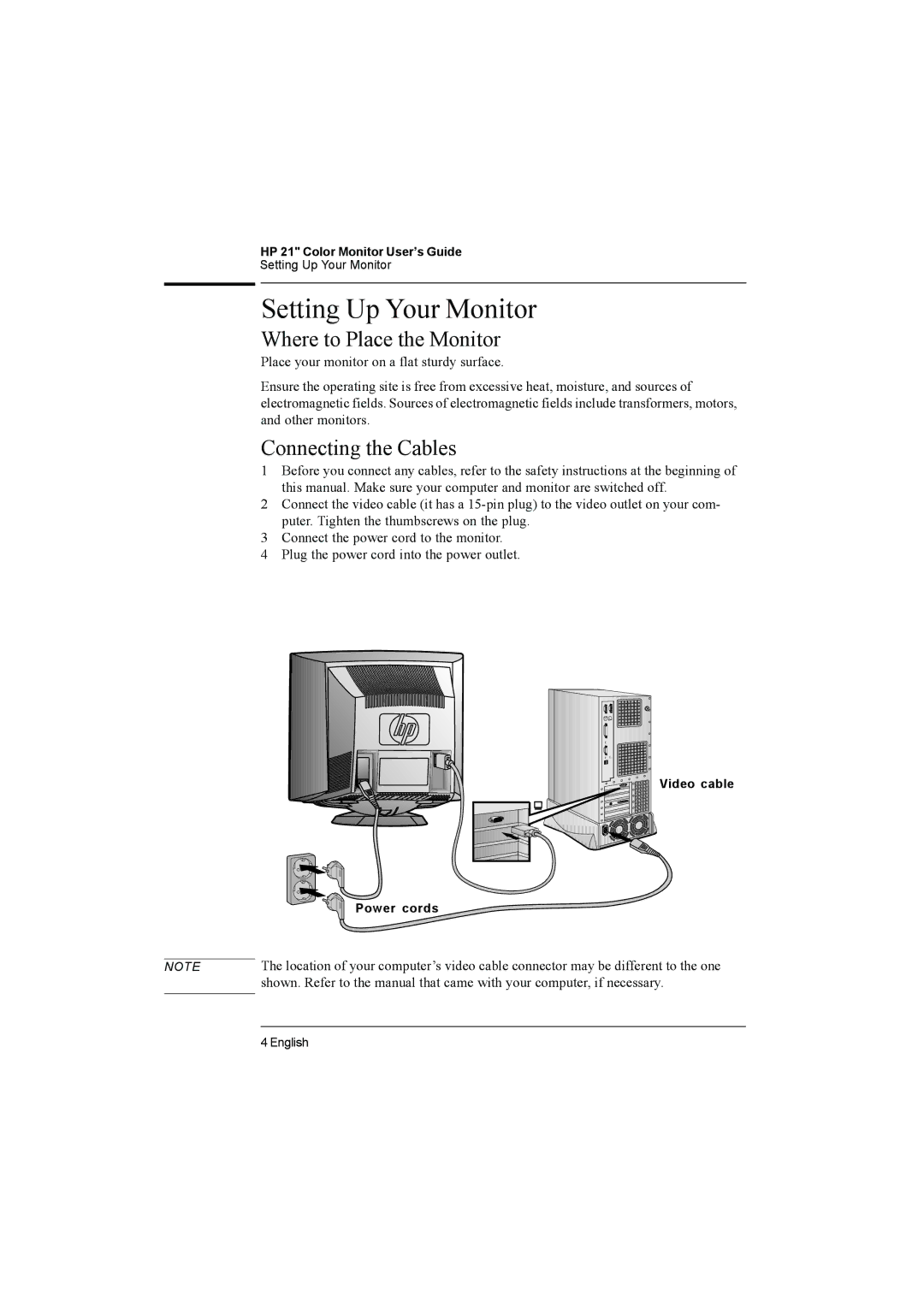 HP D2847W, D2847A manual Setting Up Your Monitor, Where to Place the Monitor, Connecting the Cables 