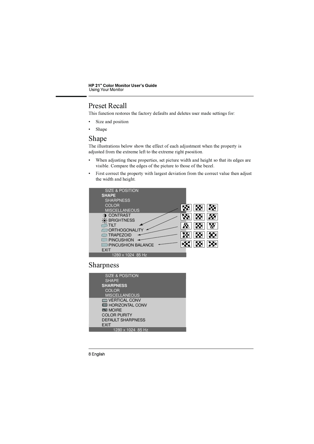 HP D2847W, D2847A manual Preset Recall, Shape, Sharpness 