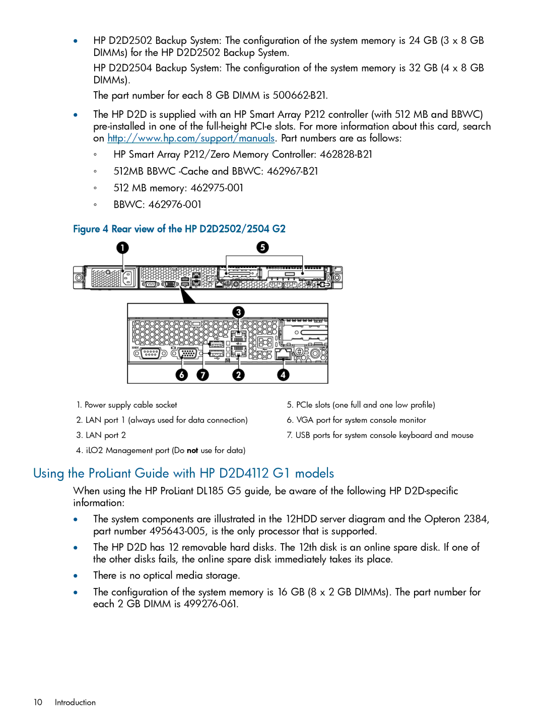 HP D2D4312 G2, D2D4106 G2, D2D2503 Using the ProLiant Guide with HP D2D4112 G1 models, Rear view of the HP D2D2502/2504 G2 