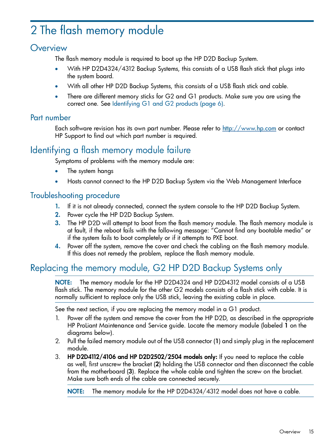 HP D2D2504 G1, D2D4106 G2, D2D4312 G2, D2D4112 G2 Flash memory module, Overview, Identifying a flash memory module failure 