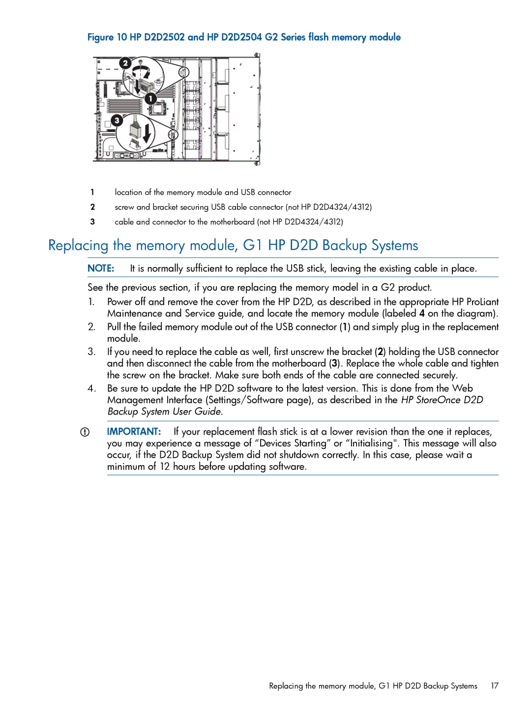 HP manual Replacing the memory module, G1 HP D2D Backup Systems, HP D2D2502 and HP D2D2504 G2 Series flash memory module 